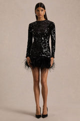 Stardust | Black Sequined Velvet Crew-Neck Mini Dress With Feather Trim