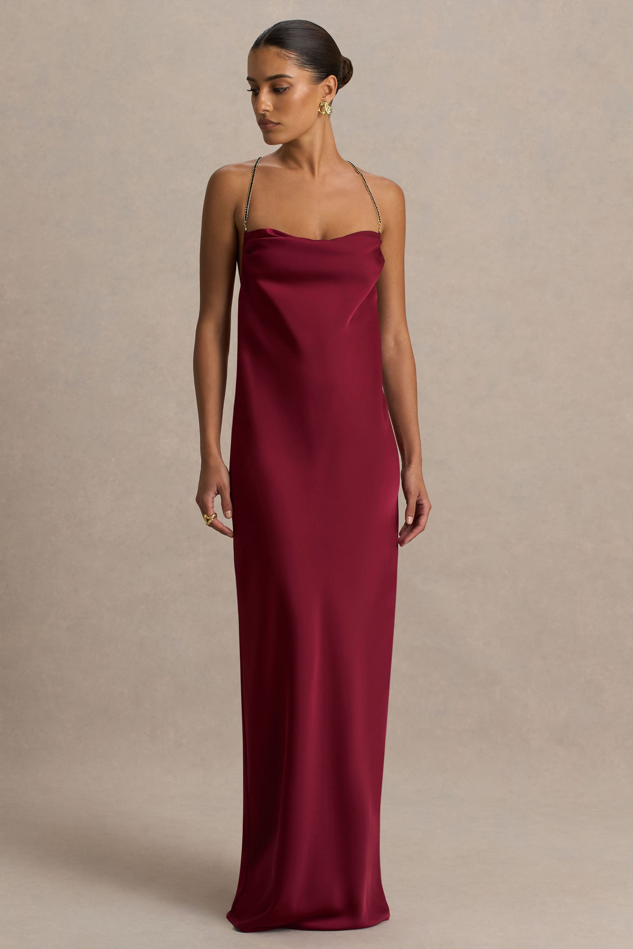 Cher | Burgundy Satin Square-Neck Maxi Dress With Embellished-Detailed Open-Back