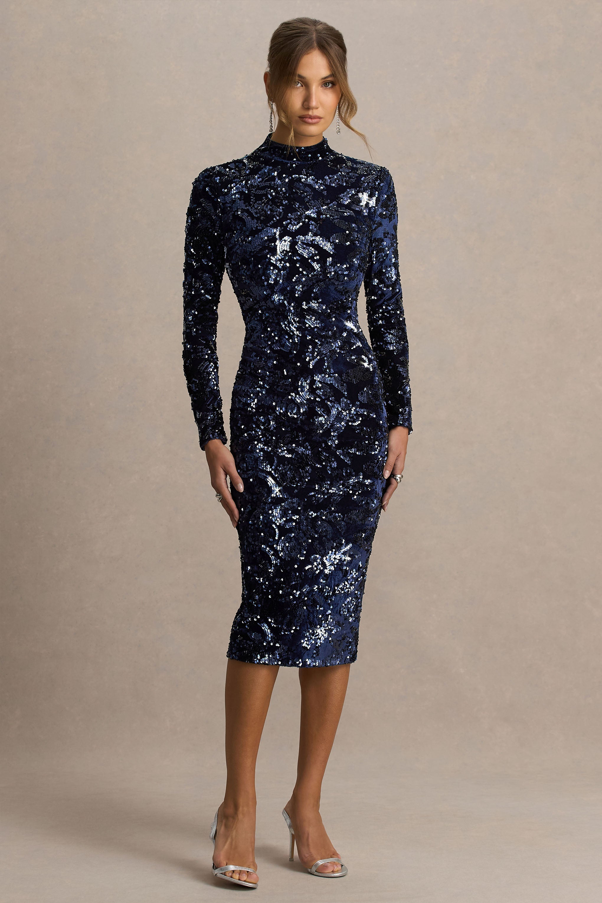 Alanita | Navy Velvet And Sequin Embellished High-Neck Midi Dress With Long Sleeves