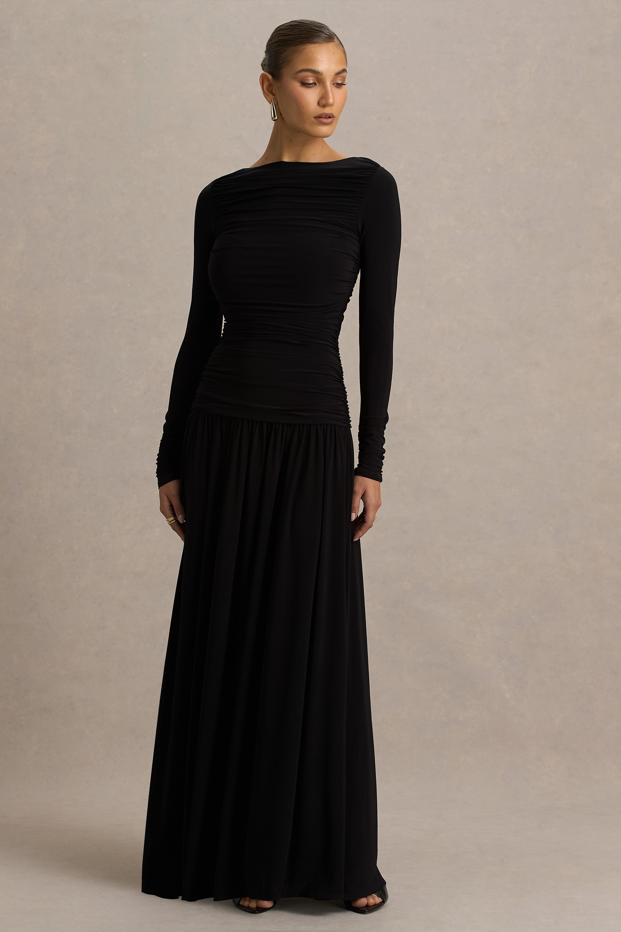 Aniyah | Black High-Neck Maxi Dress With Ruched Detailing
