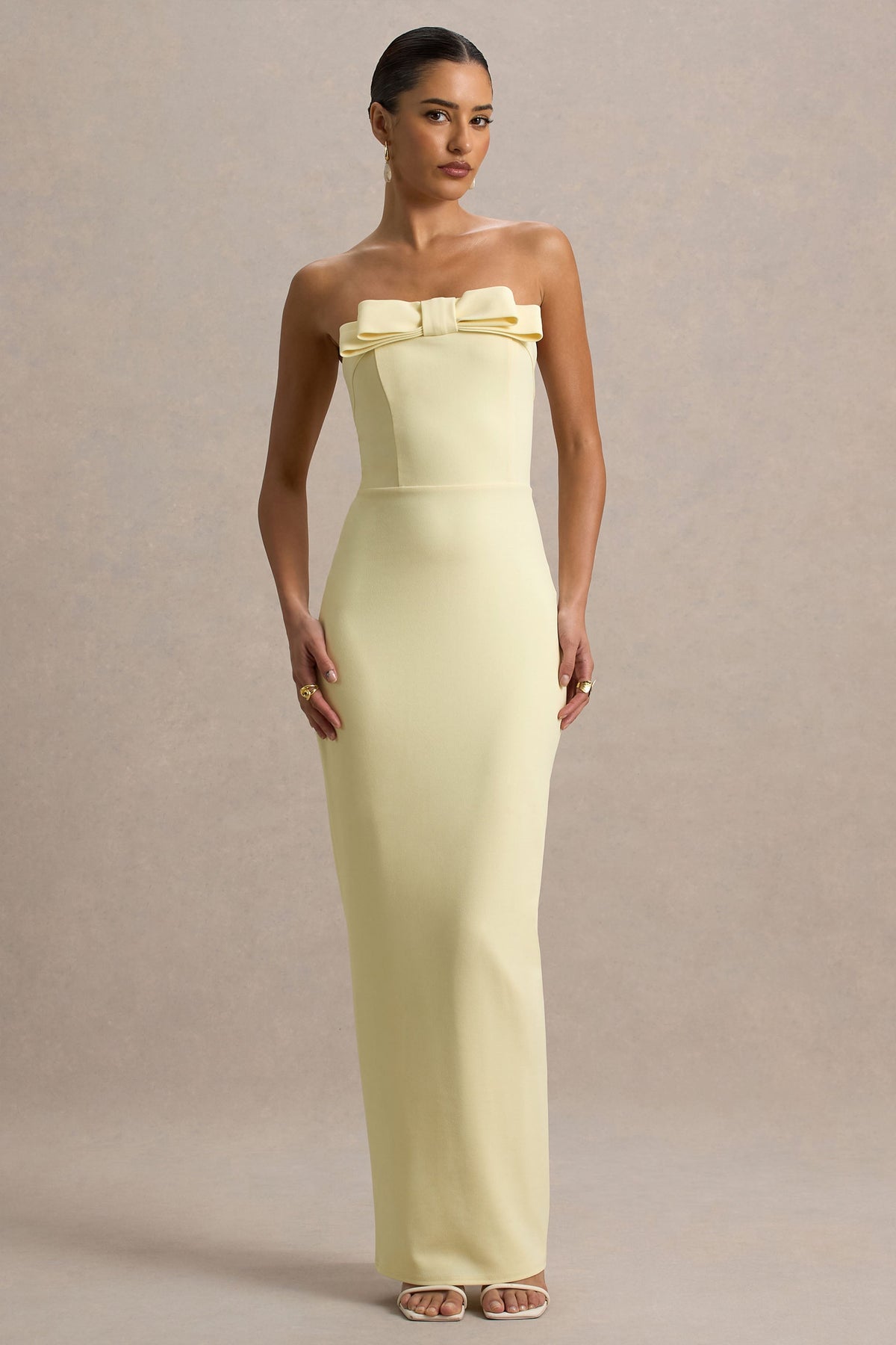 Hallie | Lemon Bandeau Maxi Dress With Bow Detail