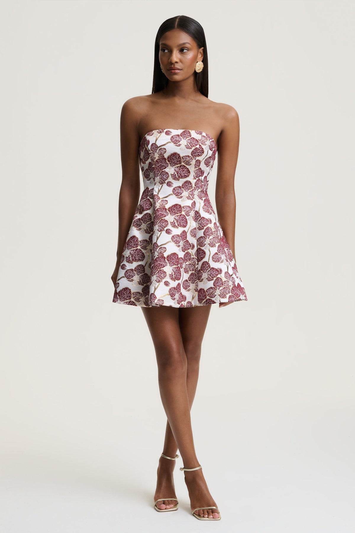 Federica | Burgundy And Gold Jacquard Bandeau A-Line Mini Dress