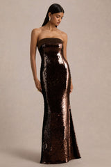 Leona | Brown Sequin Bandeau Maxi Dress With Satin Trim