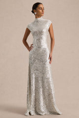Cecy | Silver Sequin High-Neck Maxi Dress With Cap Sleeves