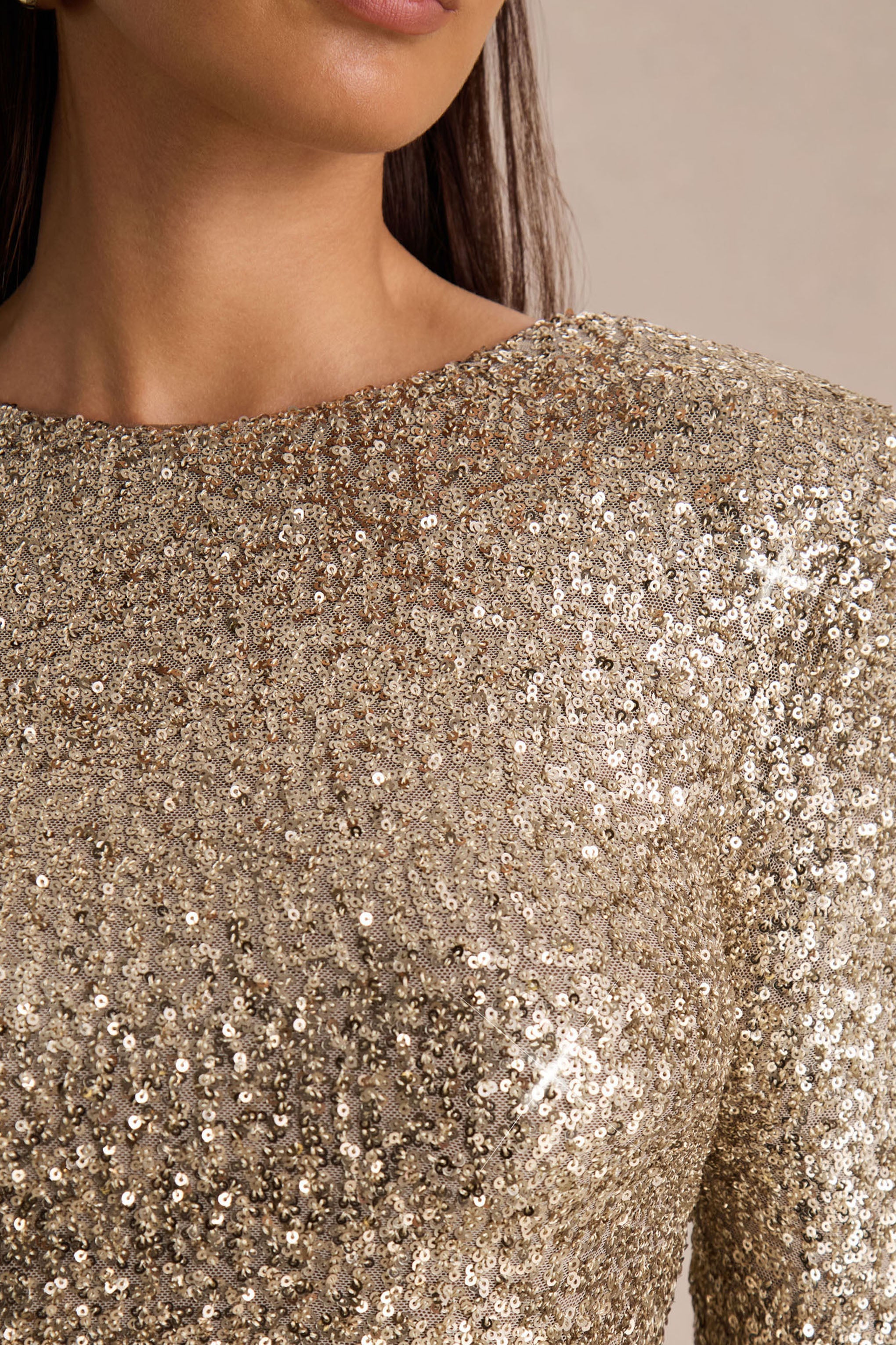 Mercedes | Champagne Sequin Boat-Neck Mini Dress With Draped Detail And Open Back