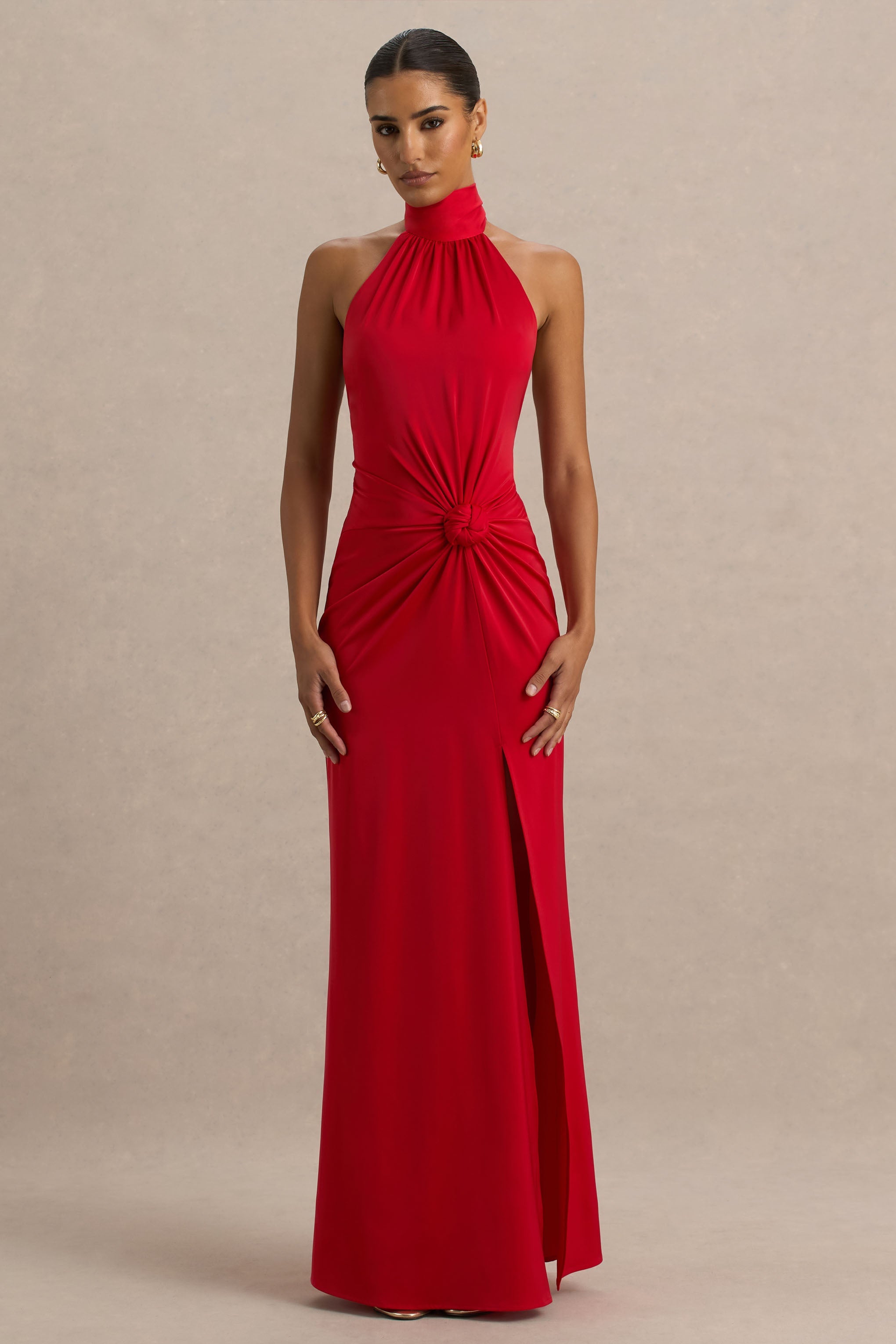 Lenora | Red Halter-Neck Maxi Dress with Ruched Detailing and Split