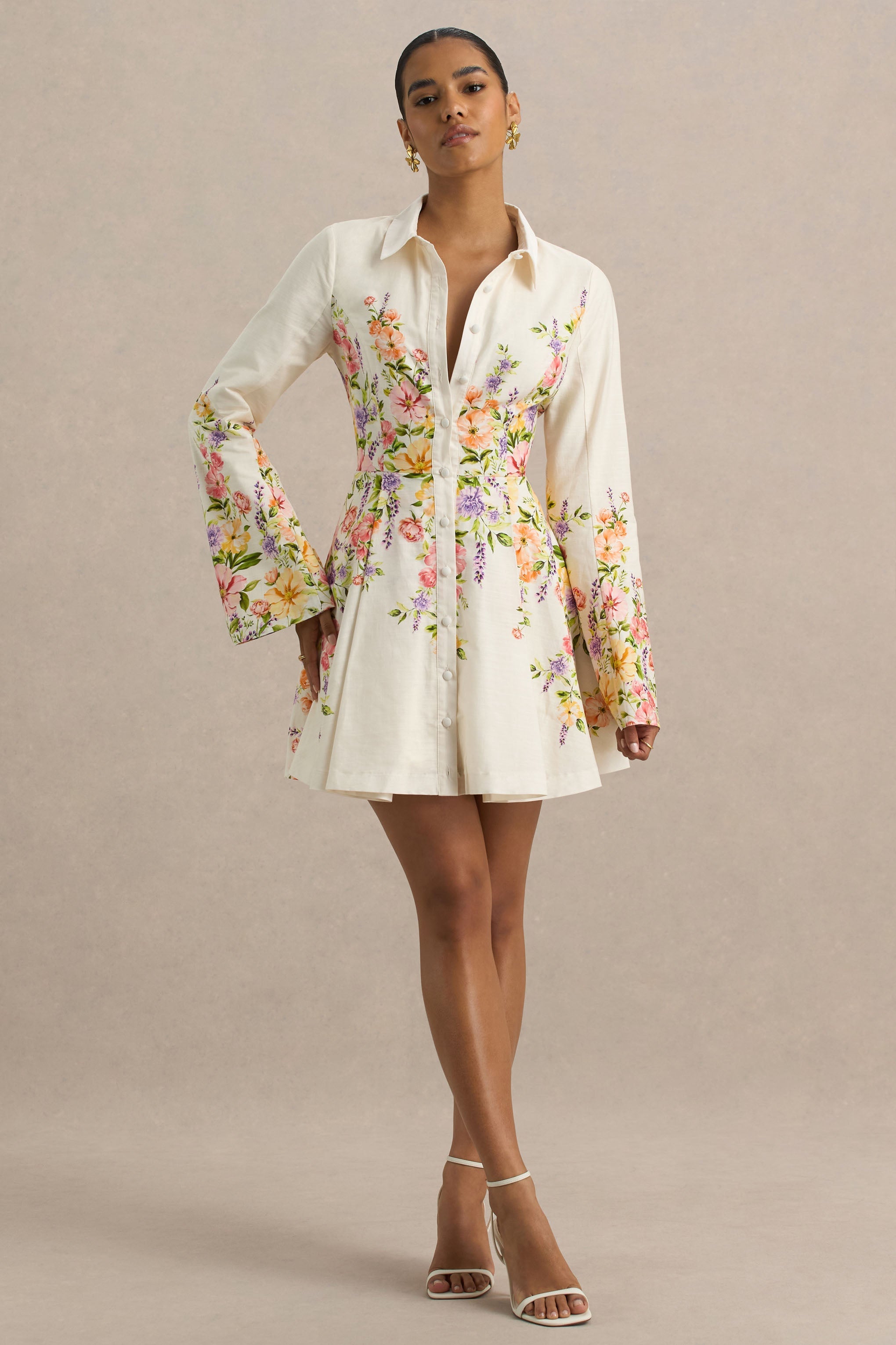 Alma | White Floral Border Print Shirt Mini Dress With Fluted Sleeves