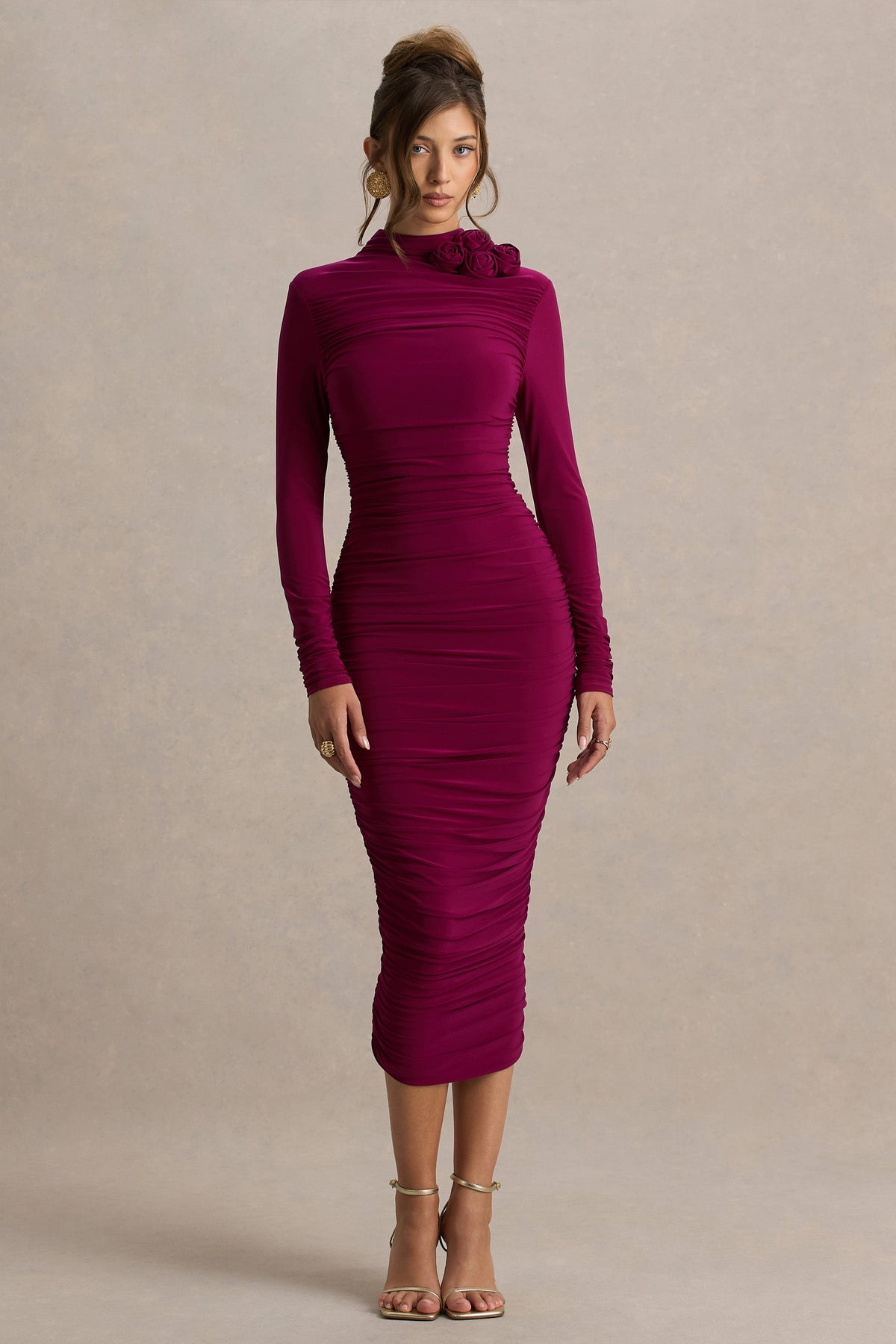 Tamara | Burgundy Long-Sleeve Ruched Midi Dress