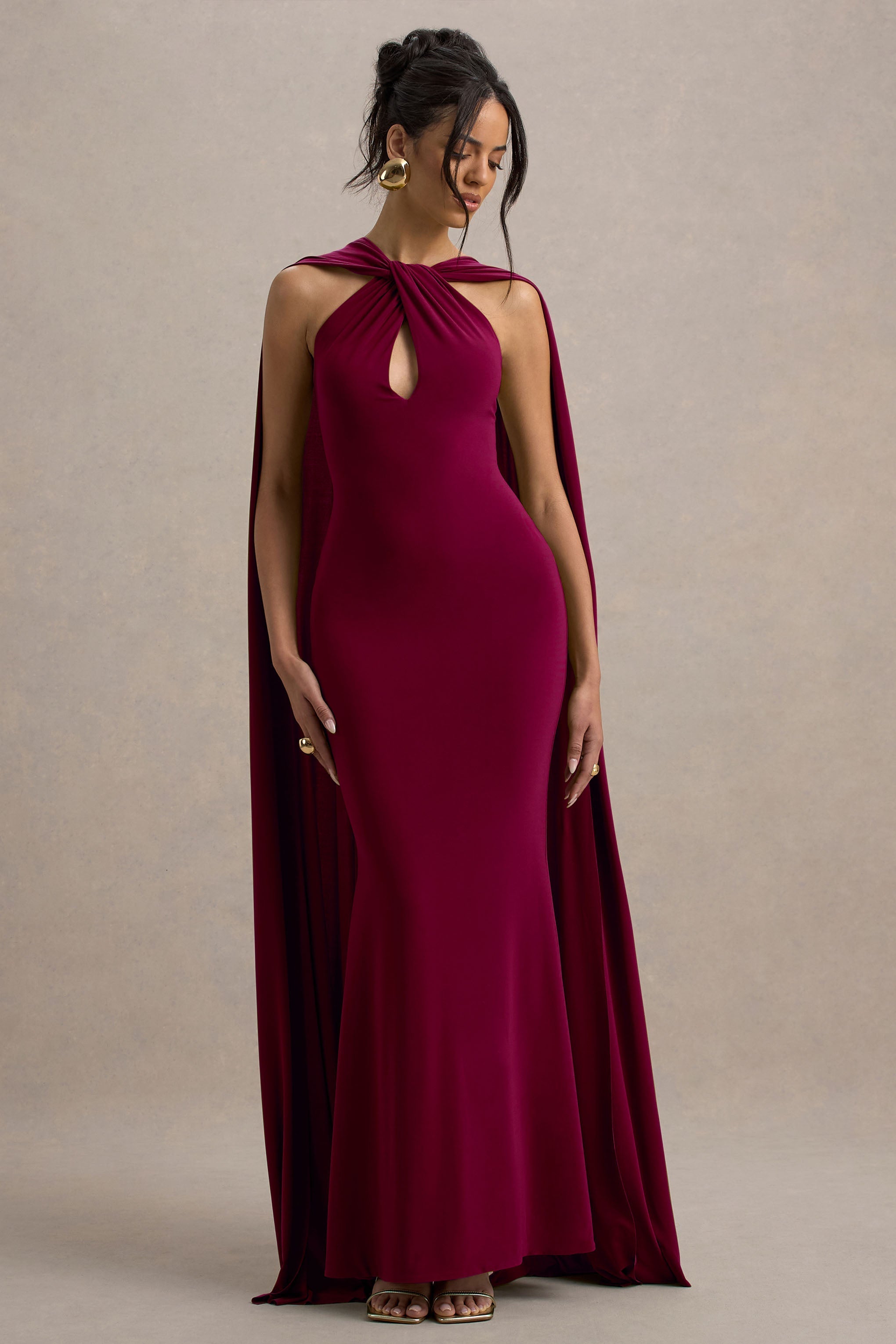 Rhoda | Burgundy Twist Halter-Neck Cape Maxi Dress