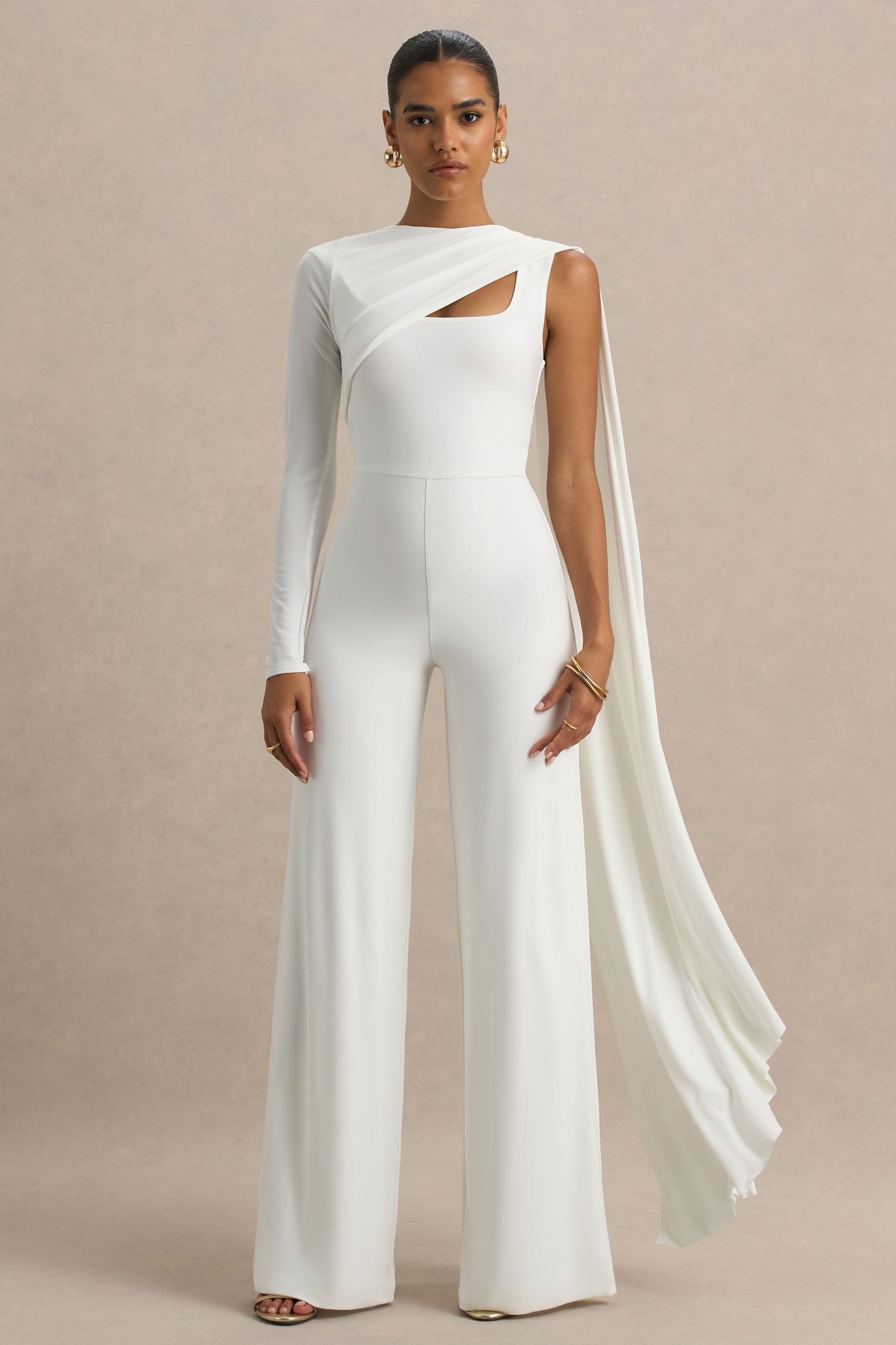 Graces | White High-Neck Jumpsuit With Cape Sleeve