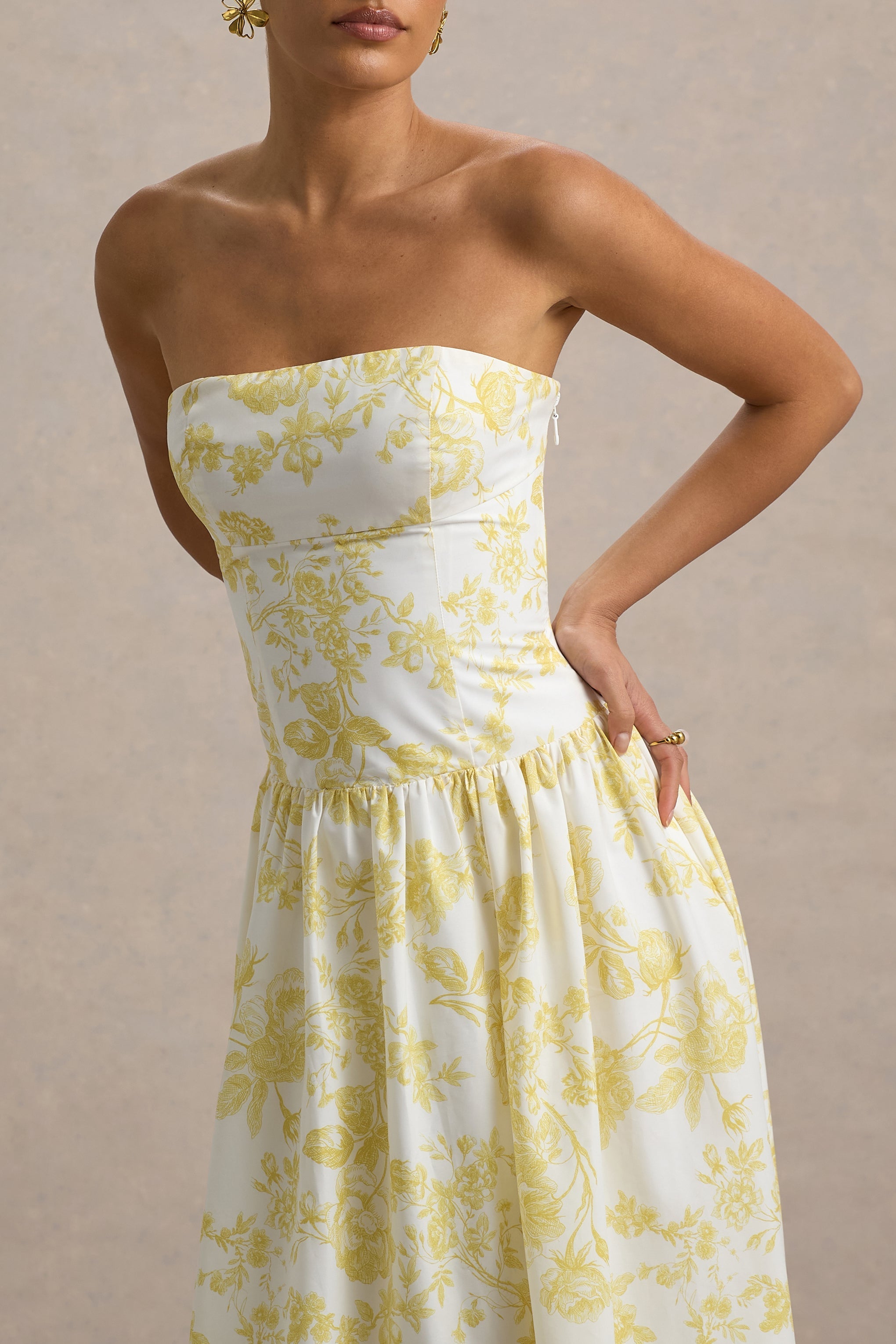 Bluebell | Lemon Porcelain Print Poplin Bandeau Drop-Waist Midi Dress