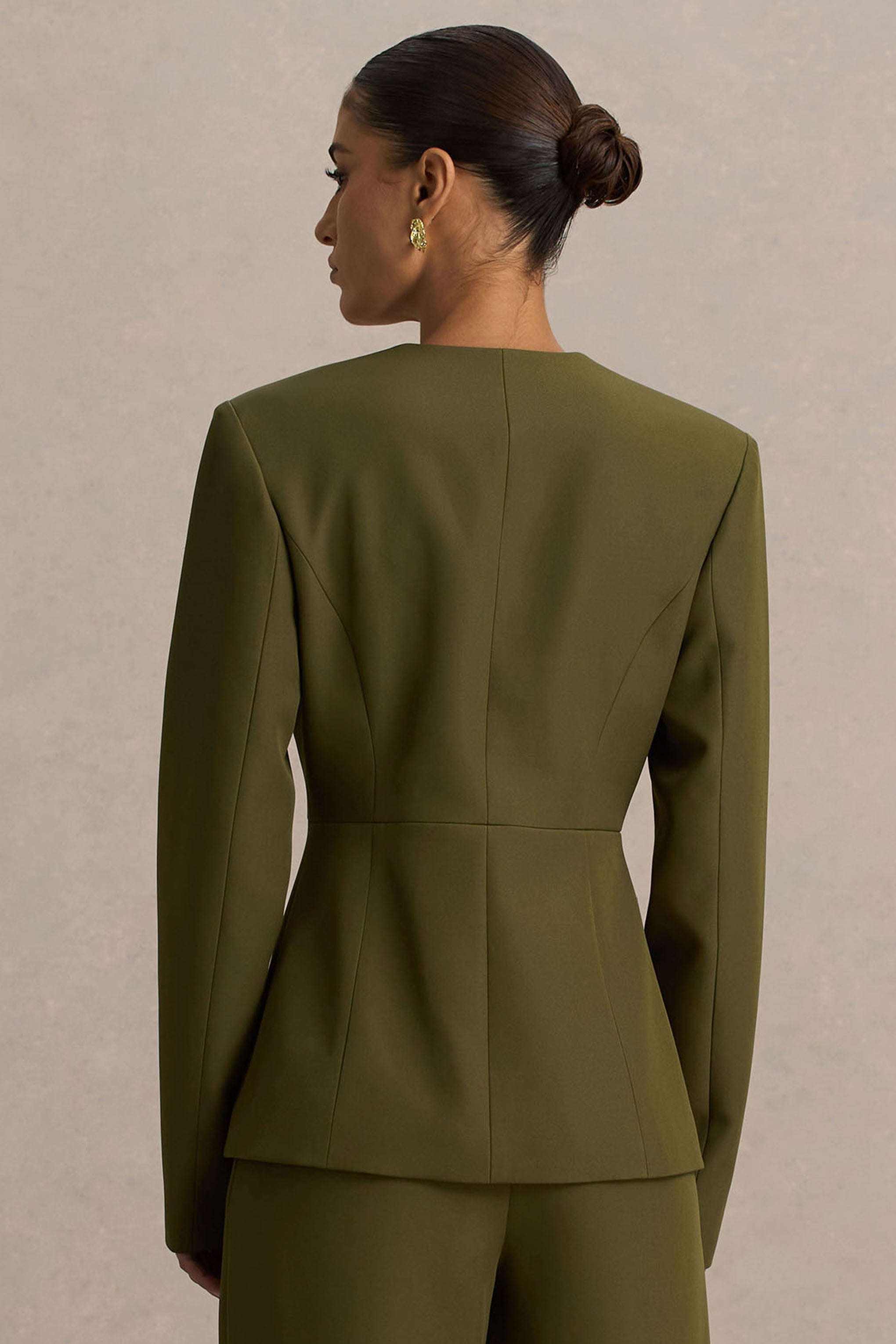 Rosalina | Olive Extreme-Plunge Neck Tailored Blazer