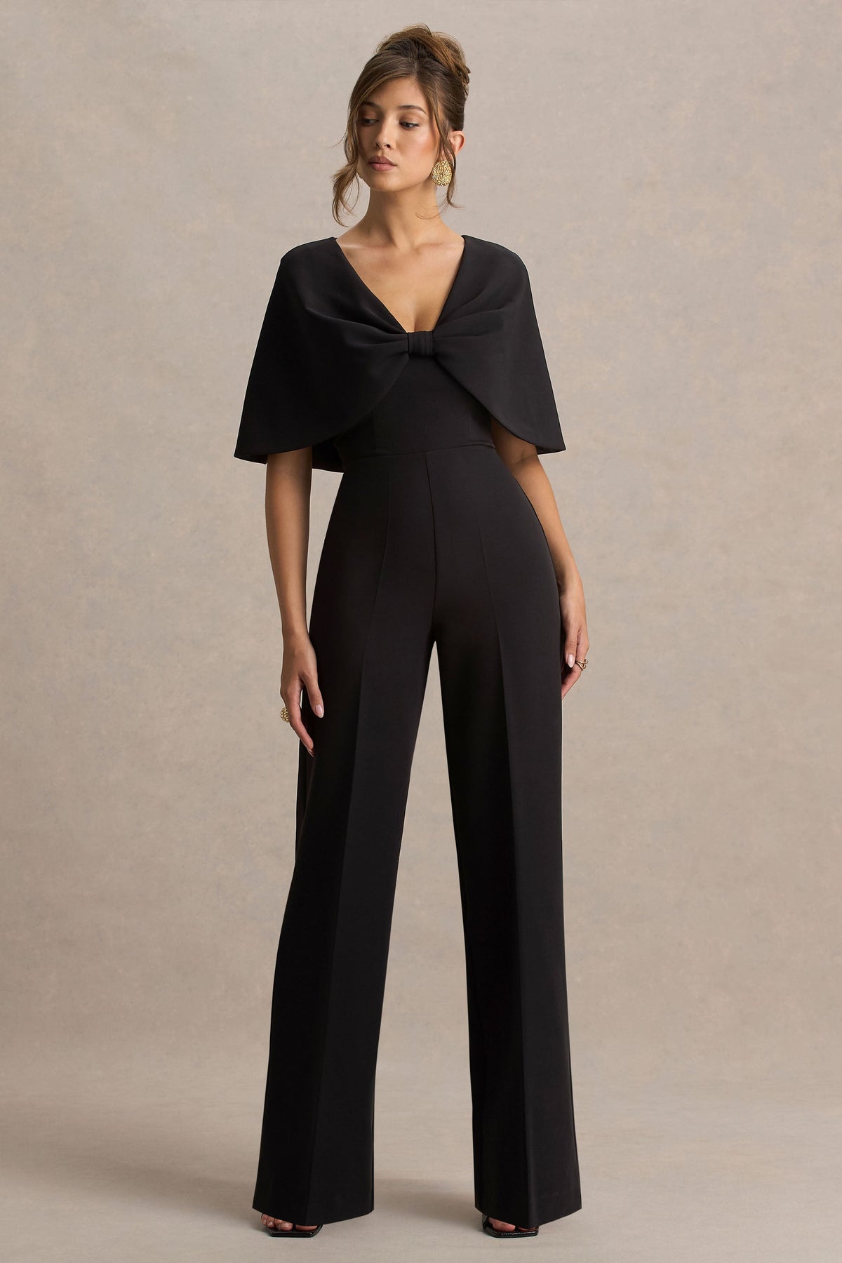 Vivid | Black Plunge-Neck Jumpsuit With Bow-Detail
