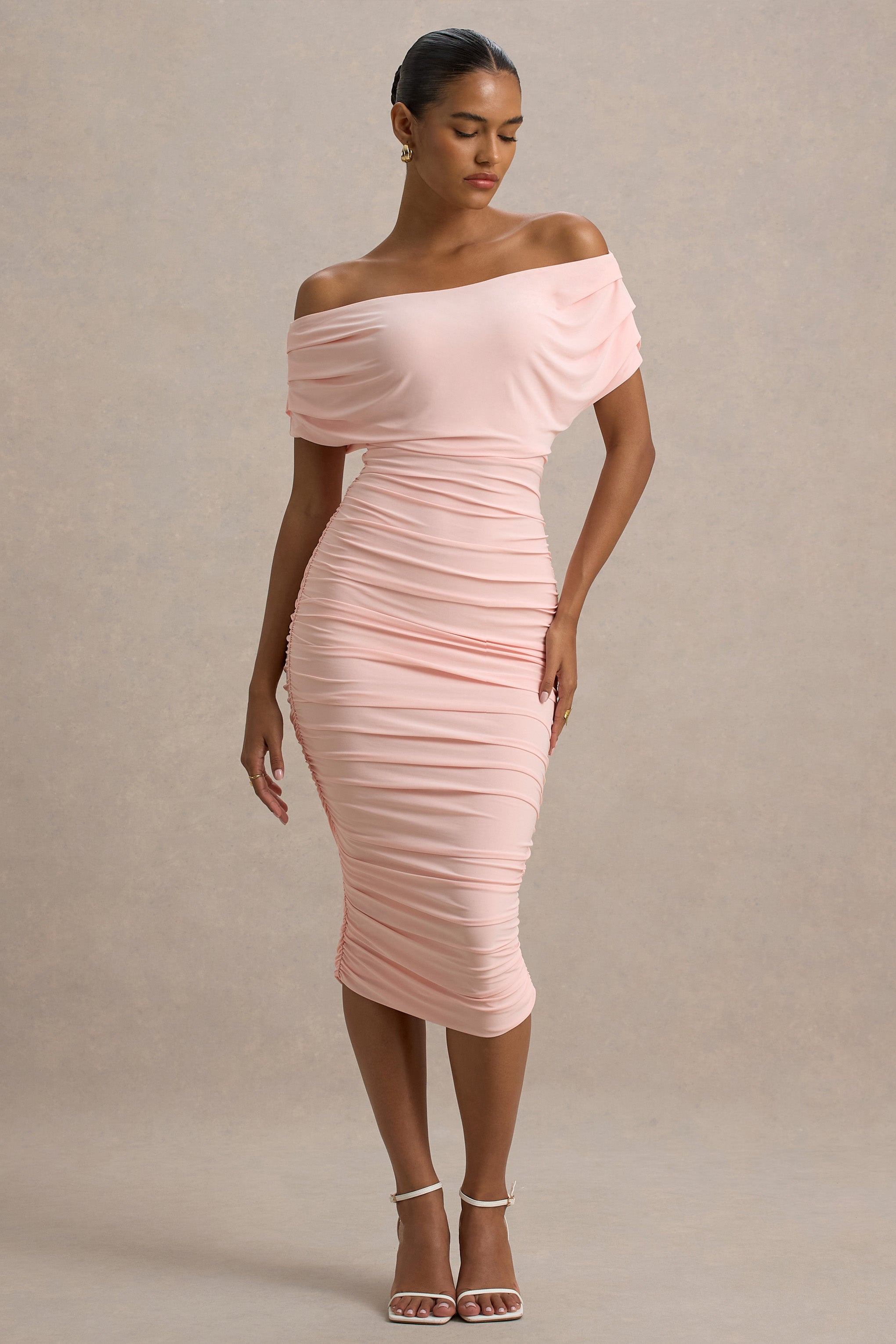 Rayleigh | Pink Bardot Ruched Midi Dress