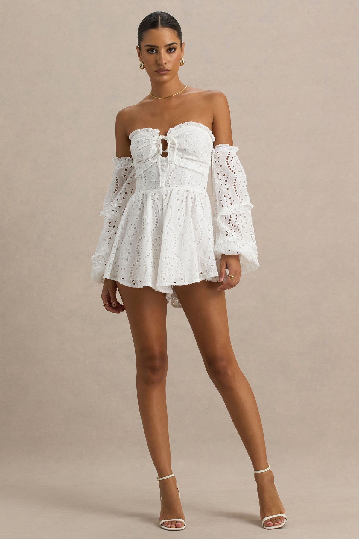 Mariella | White Broderie Bardot Ruffled Playsuit