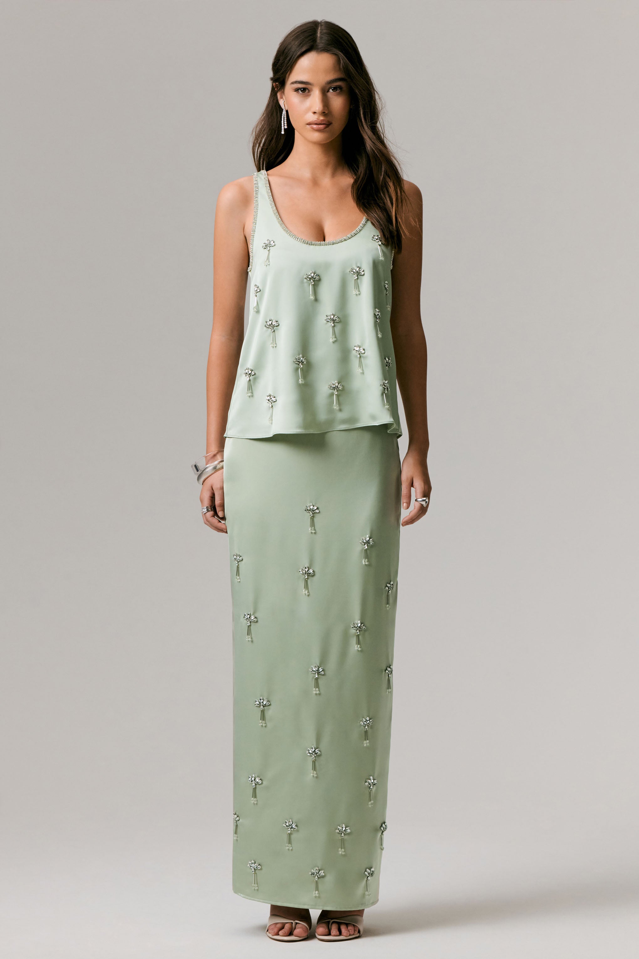 Lena | Mint Satin Embellished Maxi Skirt