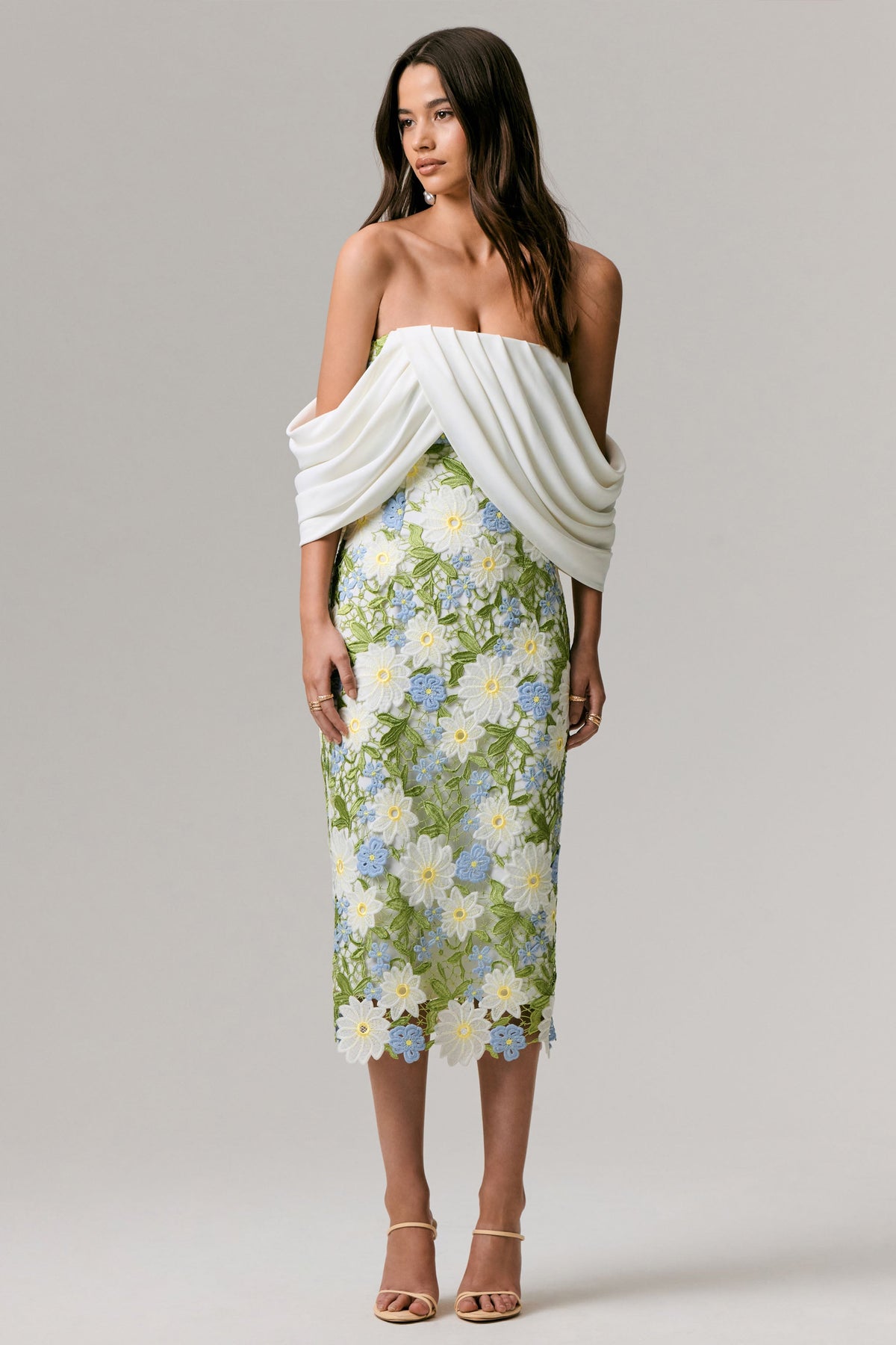 Entitled | Cream Floral Lace Bardot Midi Dress