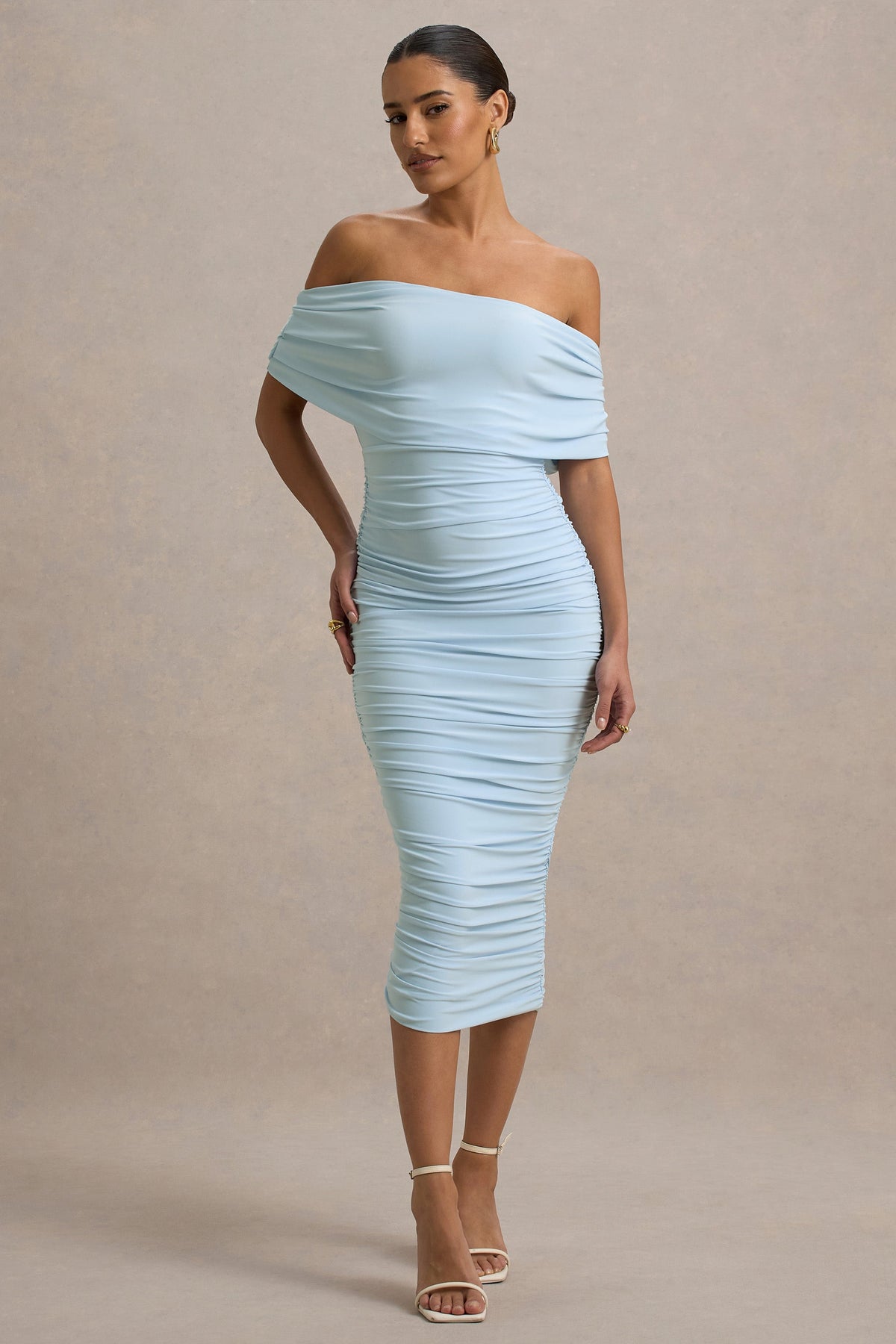 Rayleigh | Powder Blue Bardot Ruched Midi Dress