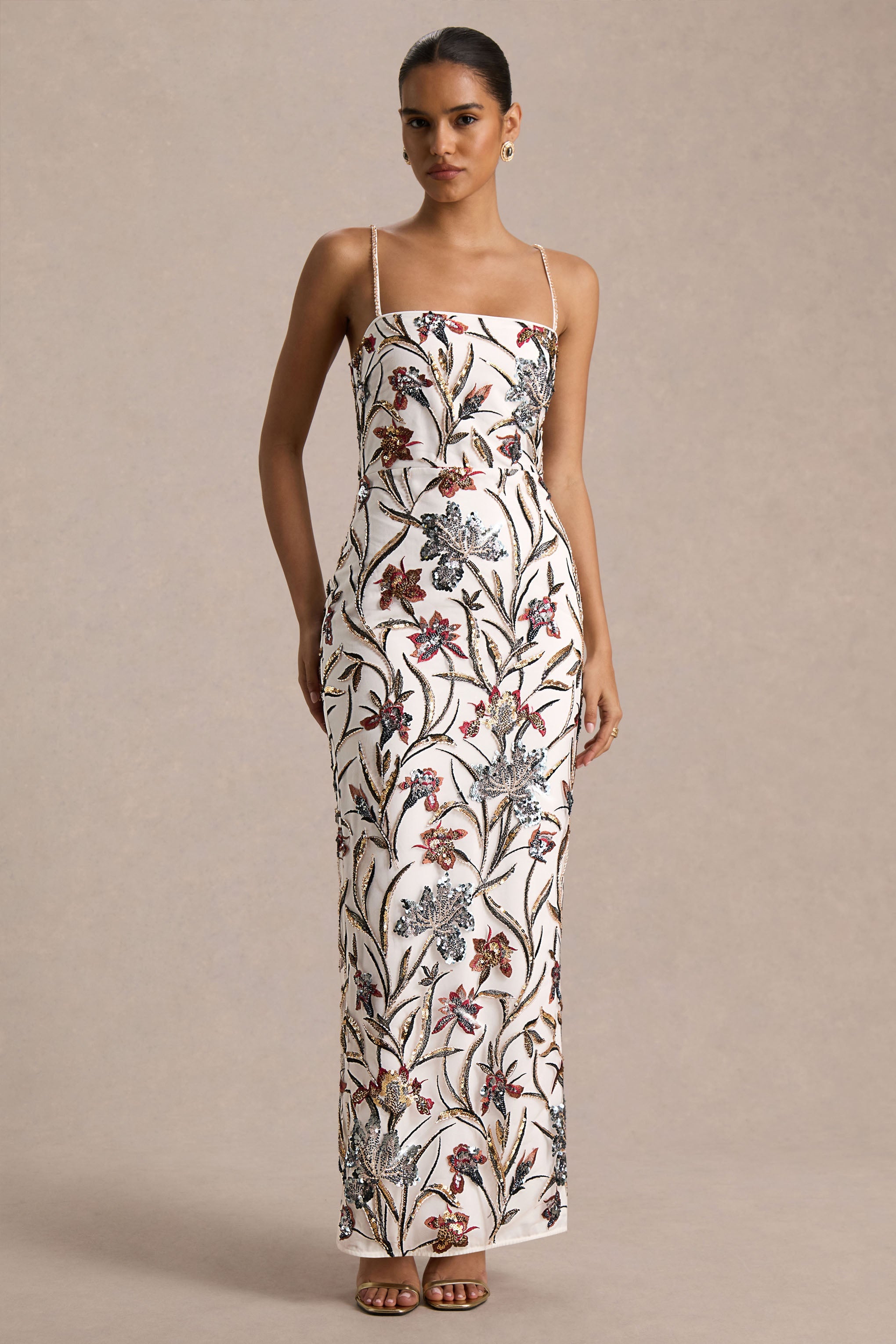 Kyle | Cream Sequin Floral Embellished Square-Neck Maxi Dress