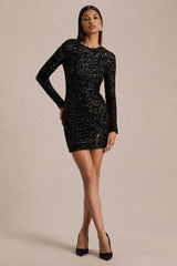 Mercedes | Black Sequin Boat-Neck Mini Dress With Draped Detail And Open Back