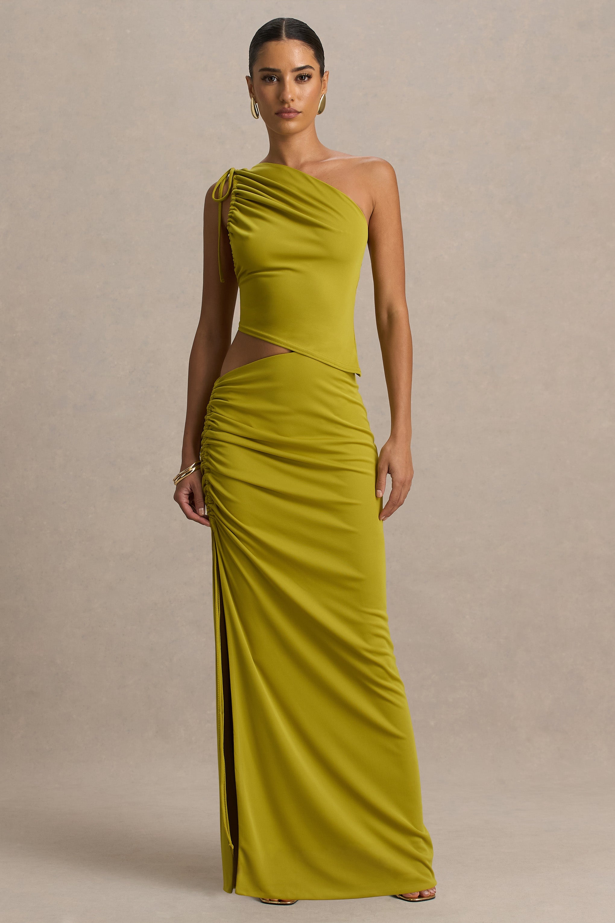 Margie | Green Maxi Skirt With Ruched Detail And Front High Split