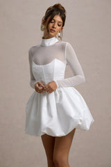 Tinkerbell | White Satin Long-Sleeve Puffball Mini Dress
