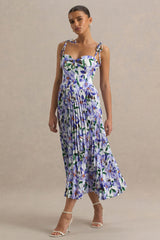 Peyton | Purple Lily Print Satin Sweetheart-Neck Midi Dress With Pleated Details