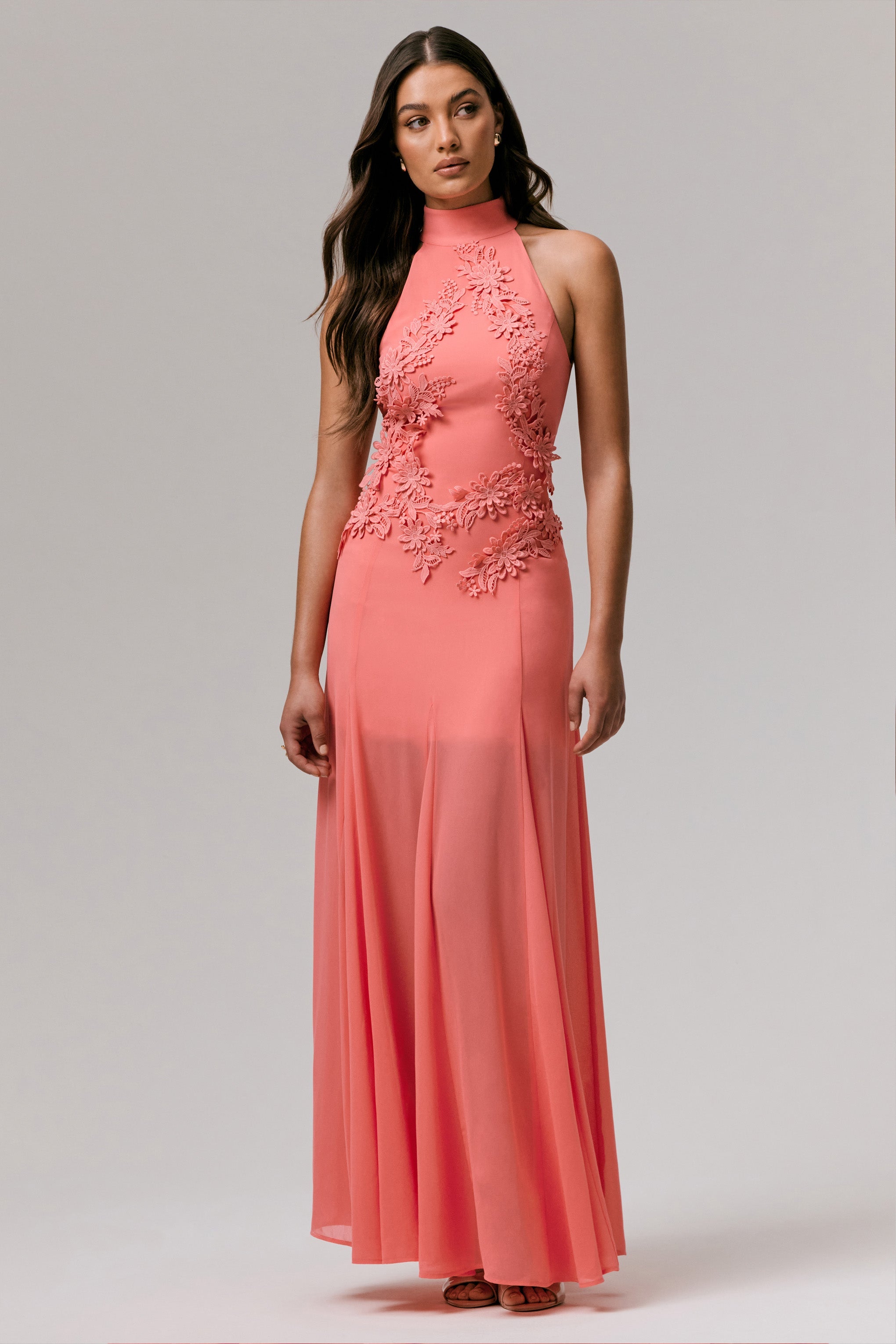 Just Like Magic | Coral High-Neck Maxi Dress With Lace Detailing