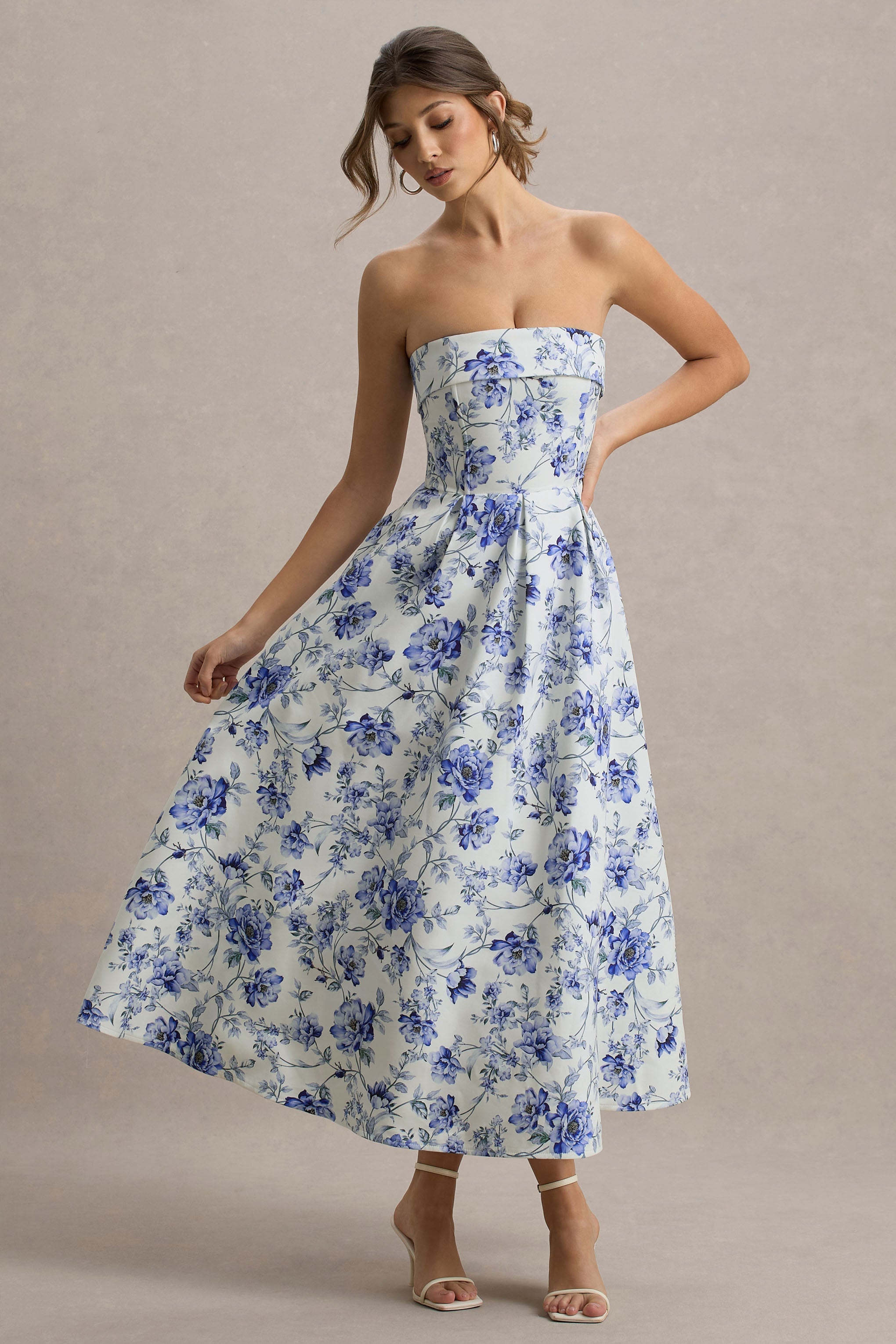 Annalise | Blue Porcelain Print Bandeau Skater Midi Dress