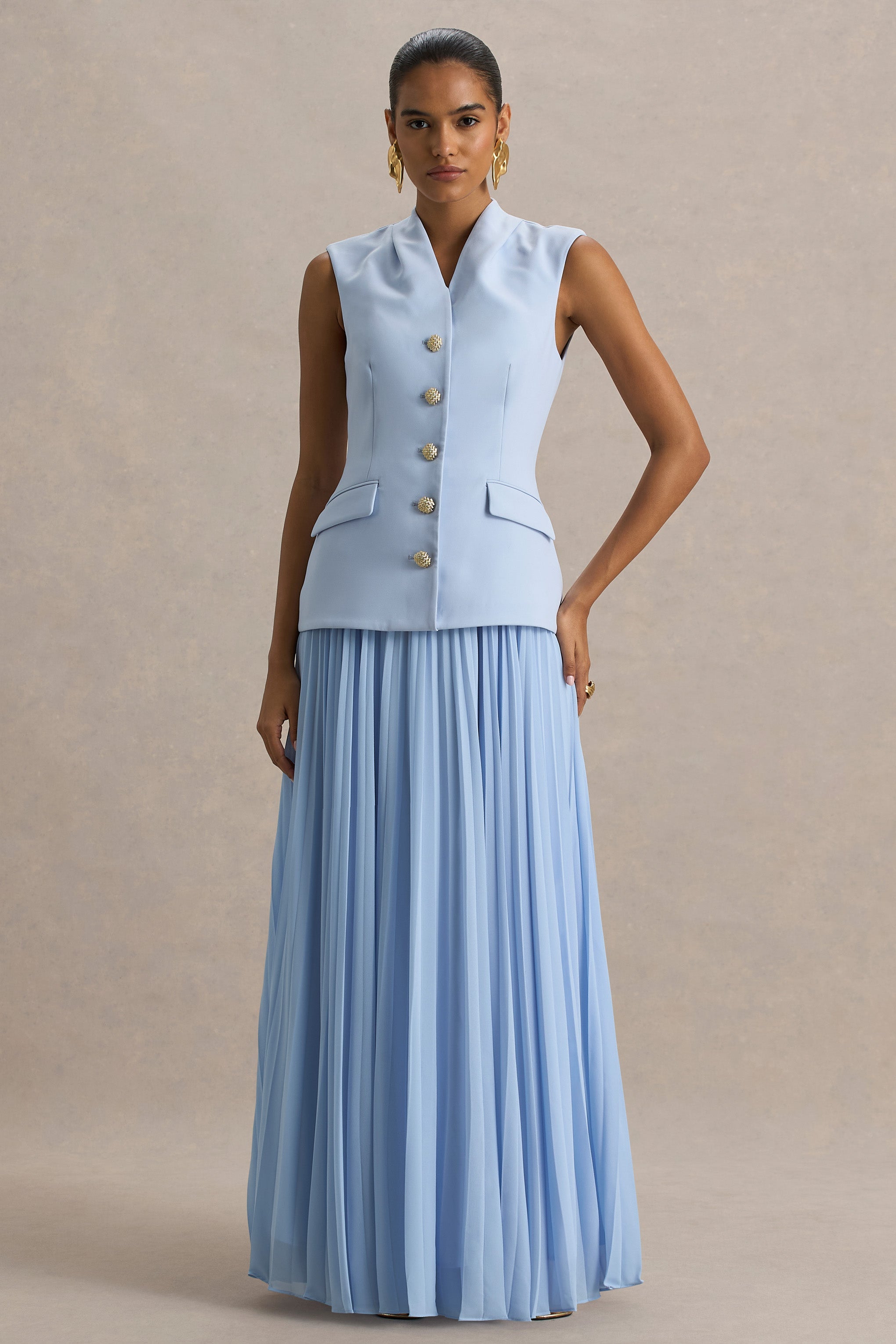 Heavenly | Powder Blue High Neck Maxi Dress With Pleated Detailing