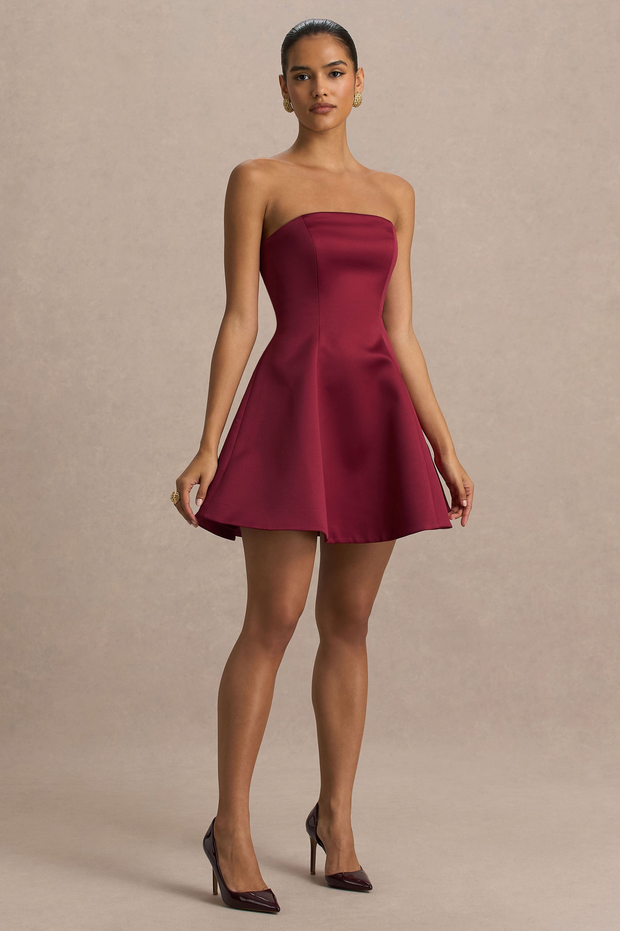 Lioray | Burgundy Satin Bandeau-Neck A-Line Mini Dress