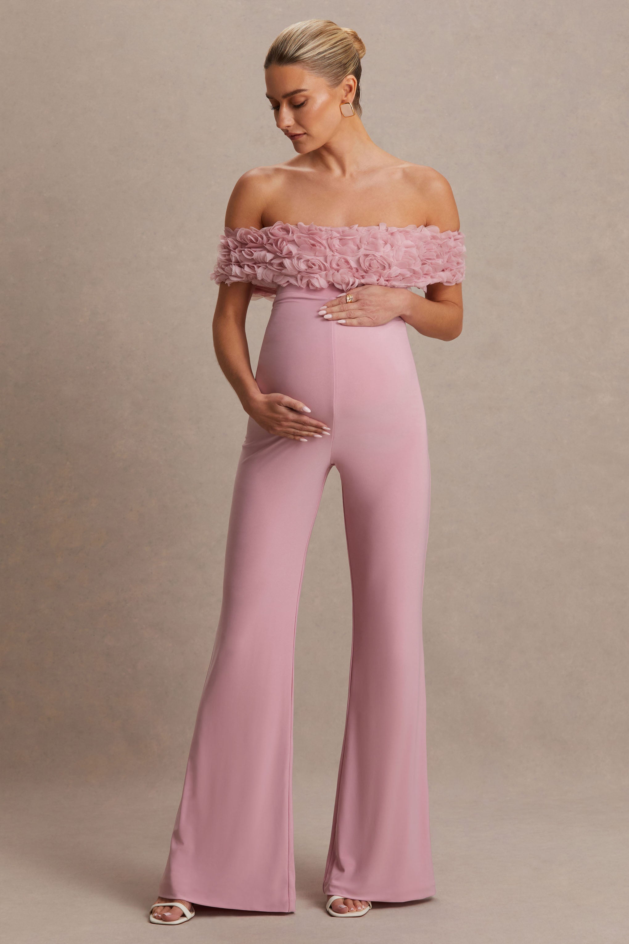 Sallow | Pink Floral Bardot Maternity Jumpsuit