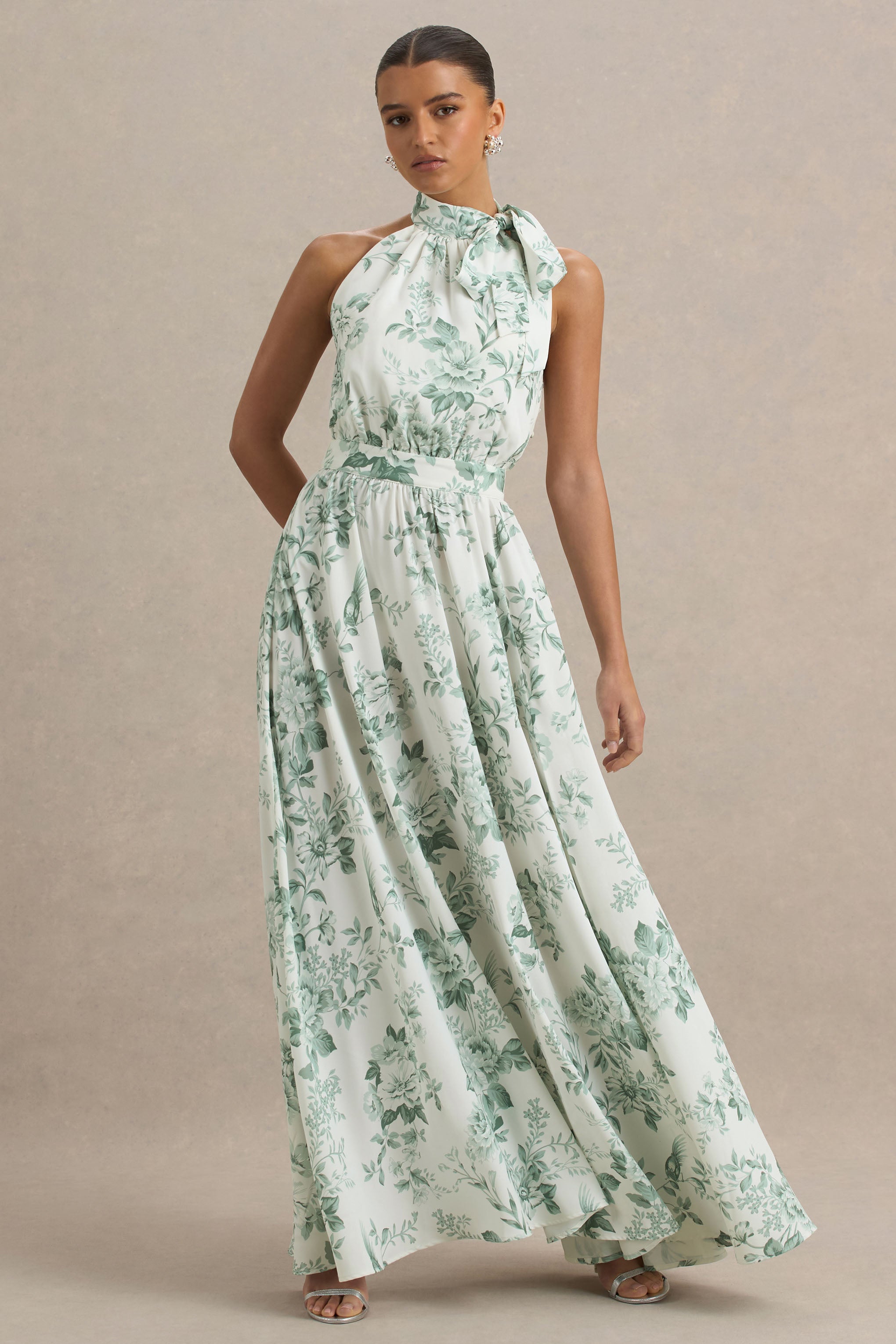 Talia | Green Floral Print High-Neck Maxi Dress With Front High Split