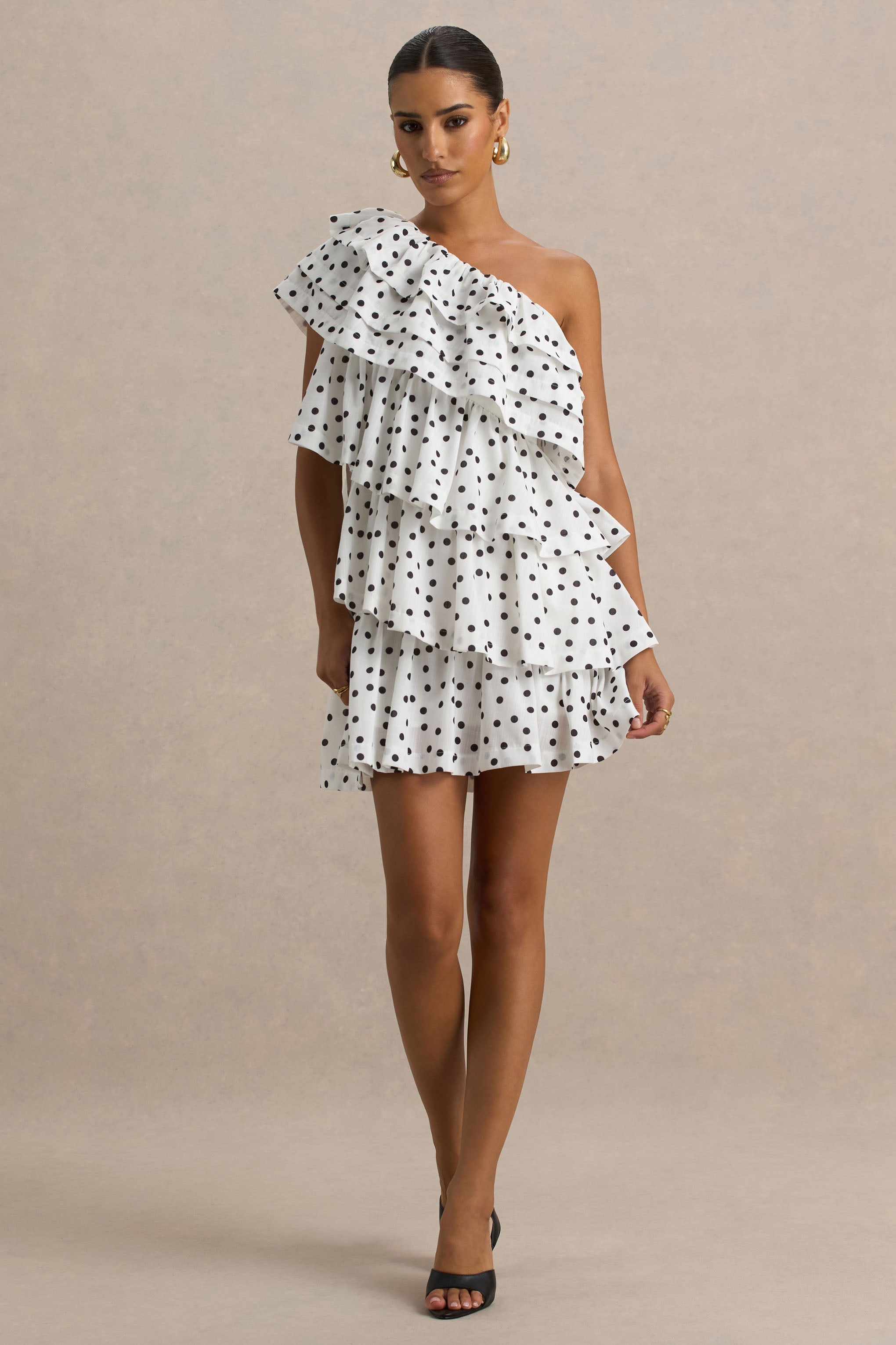 Orla | White Polka Dot Asymmetric Ruffled Mini Dress