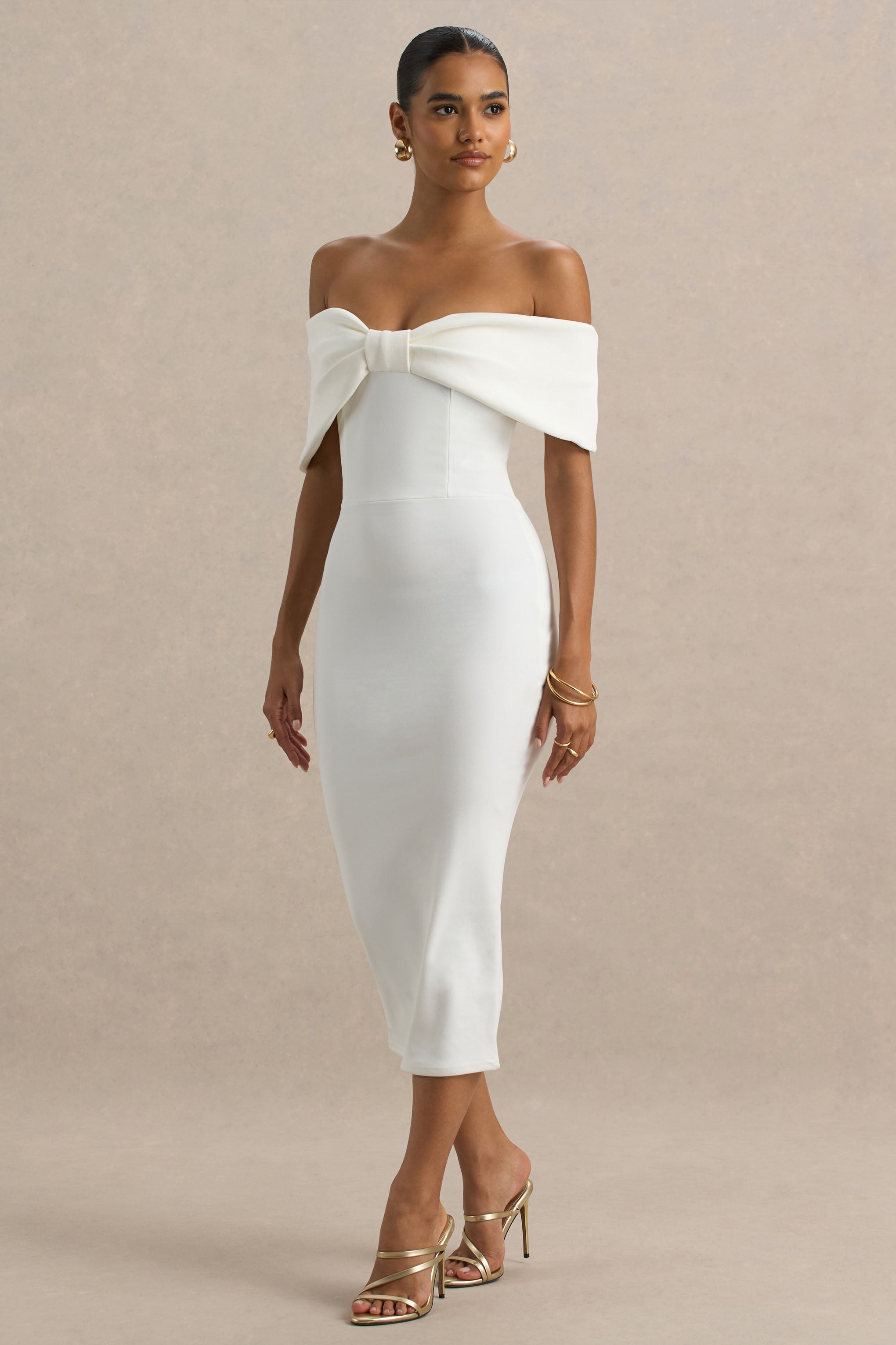Bayshore | White Bow Bardot Midi Dress