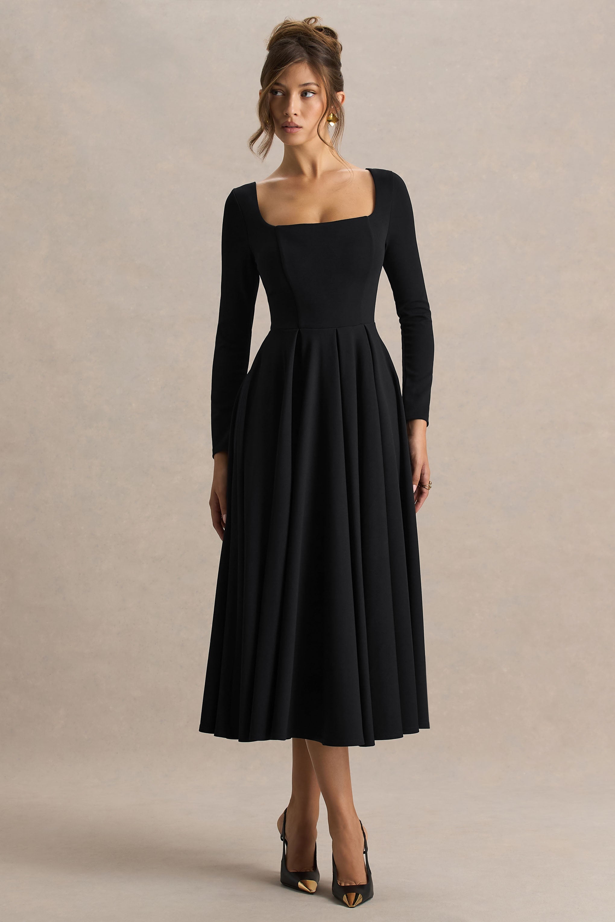Alison | Black Square-Neck A-Line Midi Dress