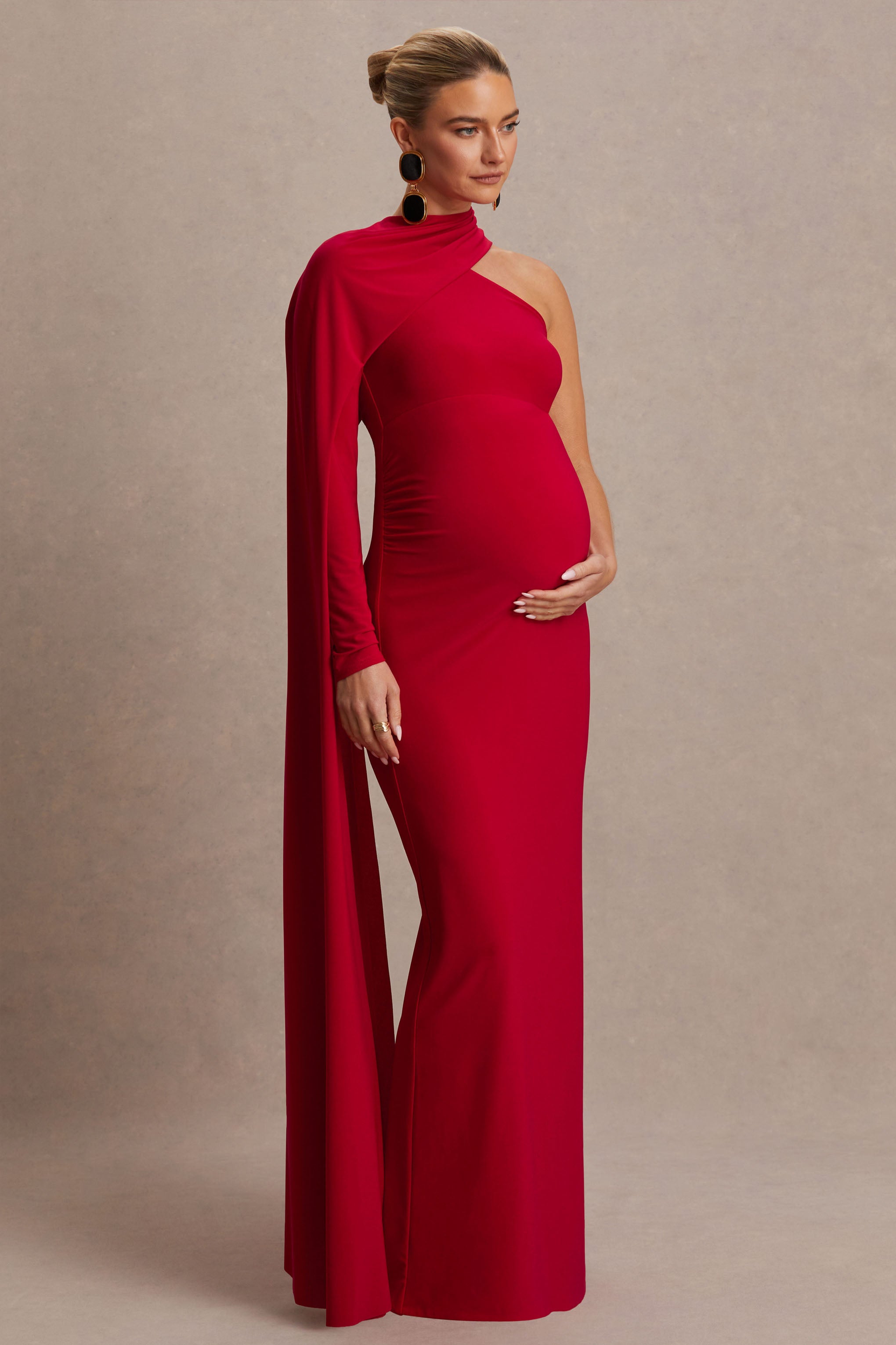 Tessy | Red Asymmetric-Neck Maternity Maxi Dress With Cape-Sleeve