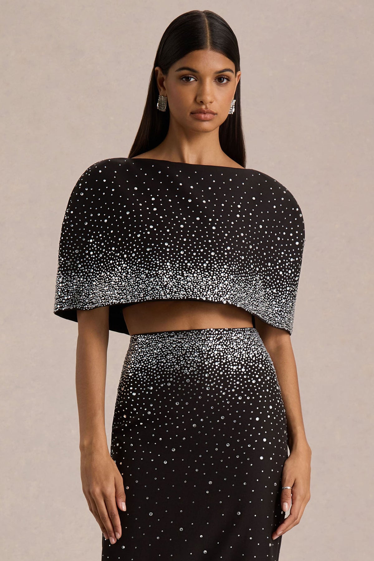 Luxy | Black Embellished Boat-Neck Crop-Top With Cape-Sleeves