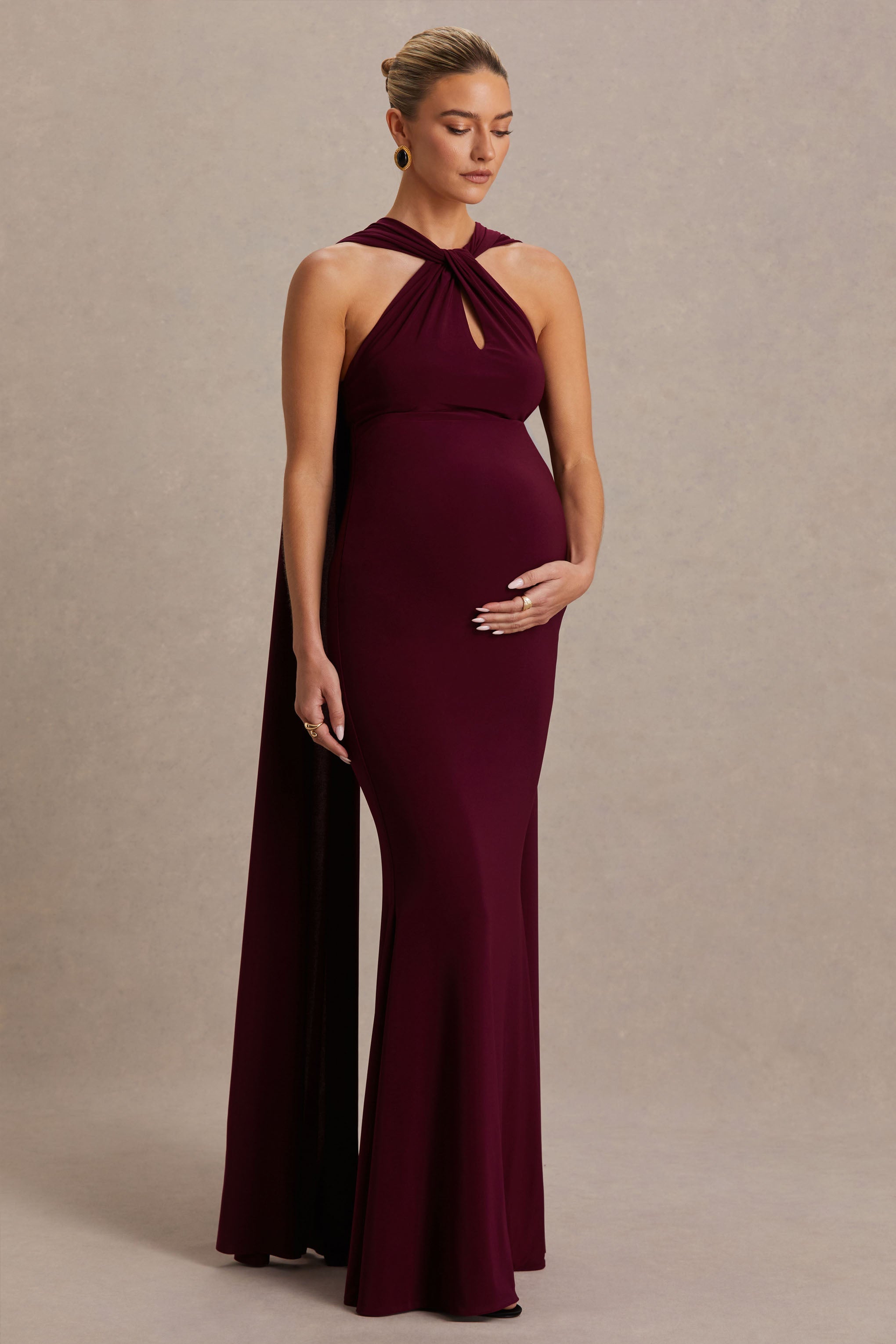 Lyra | Burgundy Cross Halter-Neck Maternity Maxi Dress With Cape