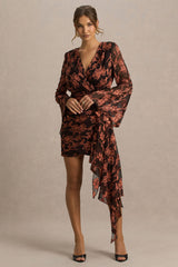 Lindsey | Black And Rust Plunge-Neck Wrap Mini Dress With Bell Sleeves And Sash Detail