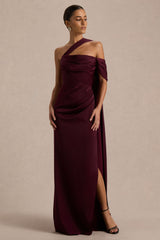 Yazmin | Burgundy Satin Asymmetric Maxi Dress With One-Sleeve Cape
