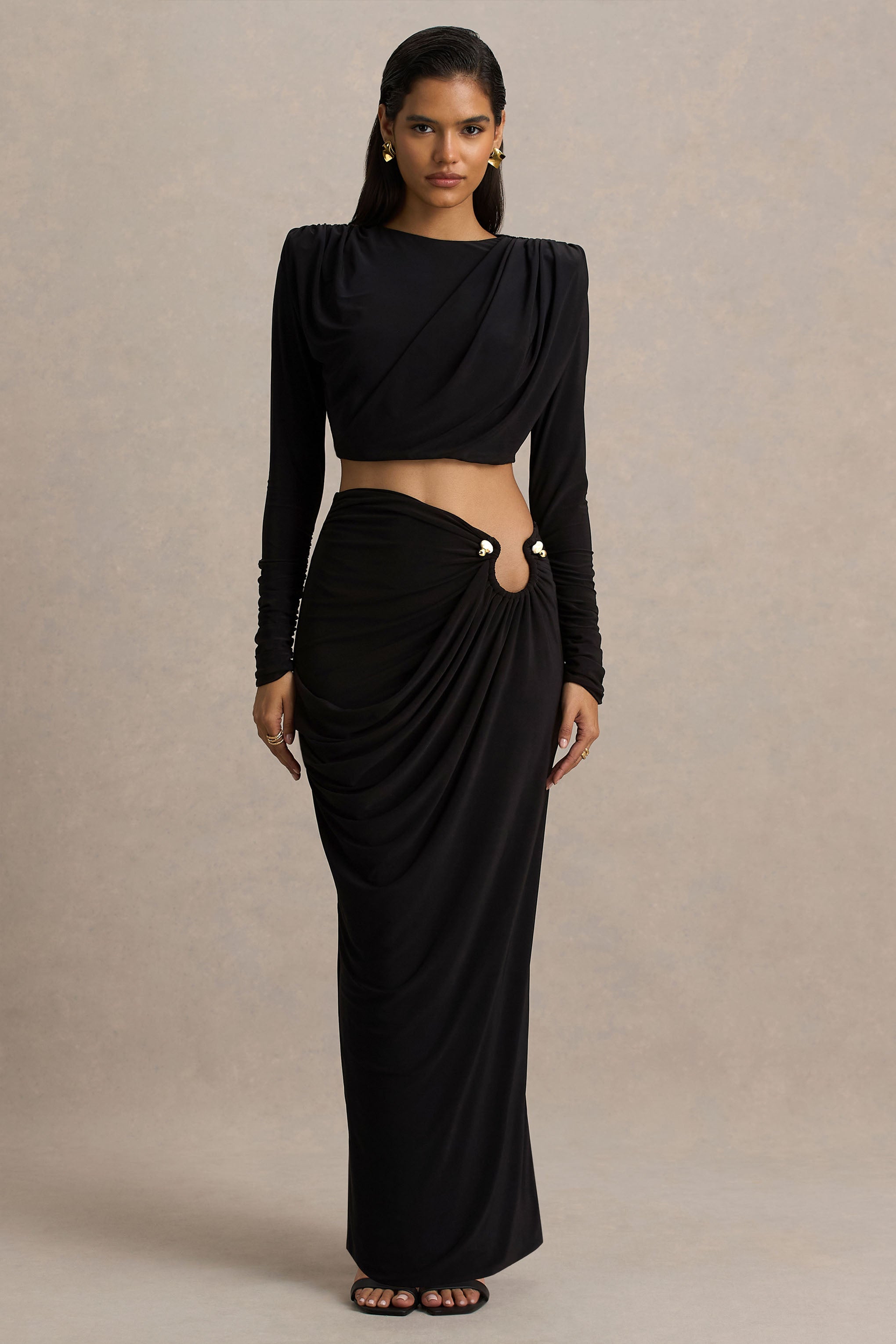 Avaline | Black Wrap Maxi Skirt With Ruched Detailing