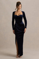 Fay | Navy Velvet Corset Style Knot Maxi Dress
