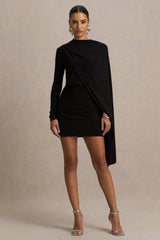 Celeste | Black Long-Sleeve Mini Dress With Cape Sleeve