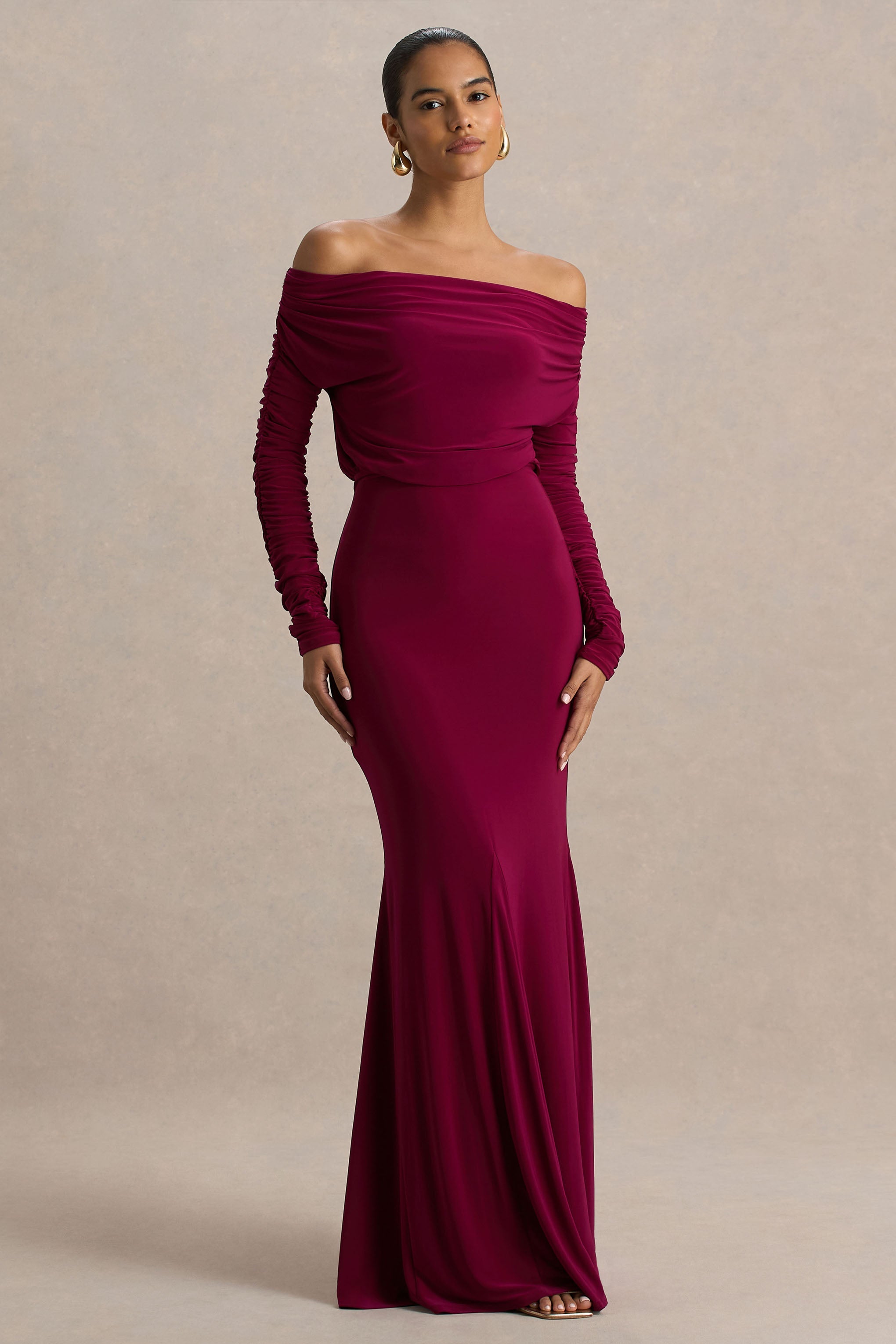Cilla | Burgundy Bardot-Neck Maxi Dress With Ruched Detailing
