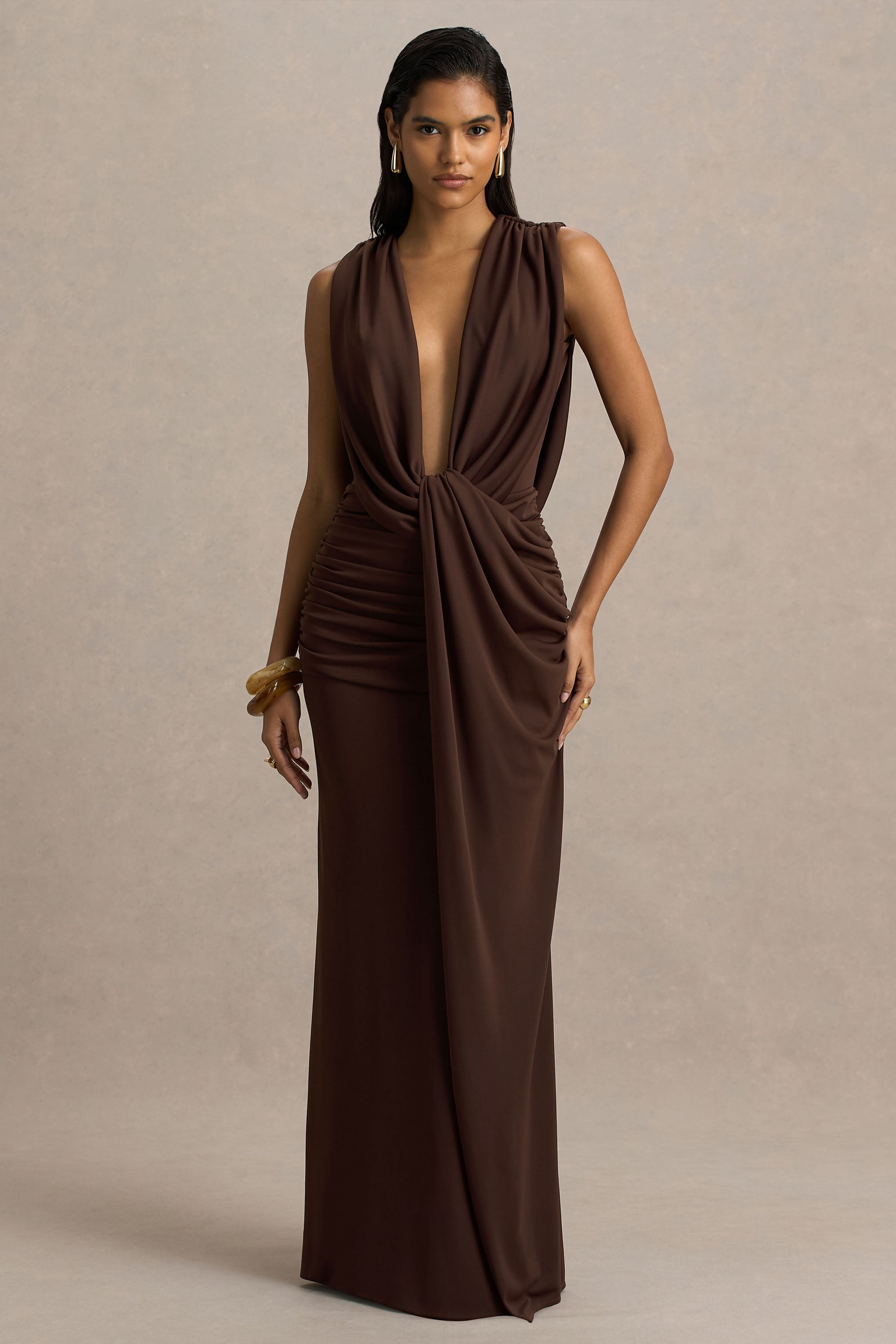 Serafina | Chocolate Extreme-Plunge Neck Maxi Dress With Wrap And Ruched Details