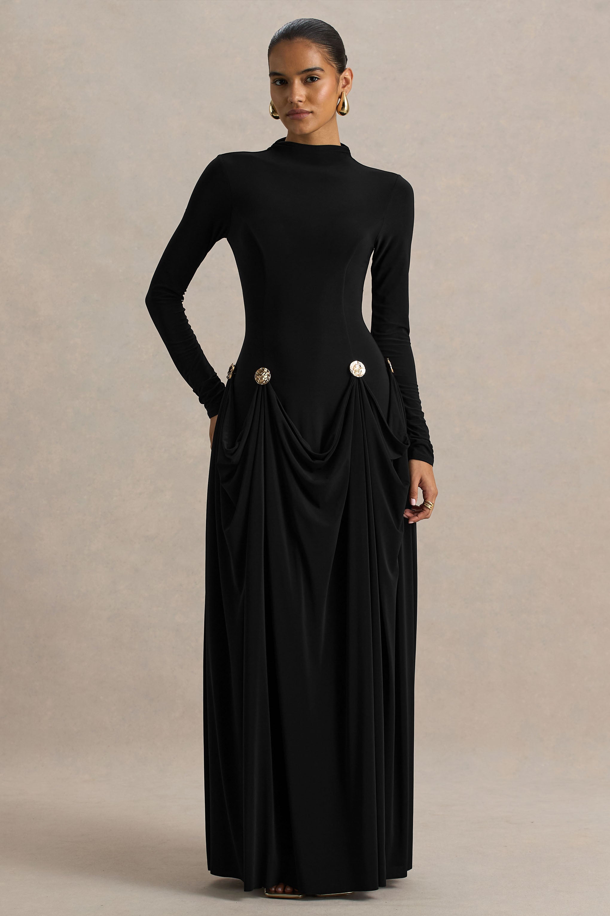 Caprice | Black High-Neck Maxi Dress With Embellished Details