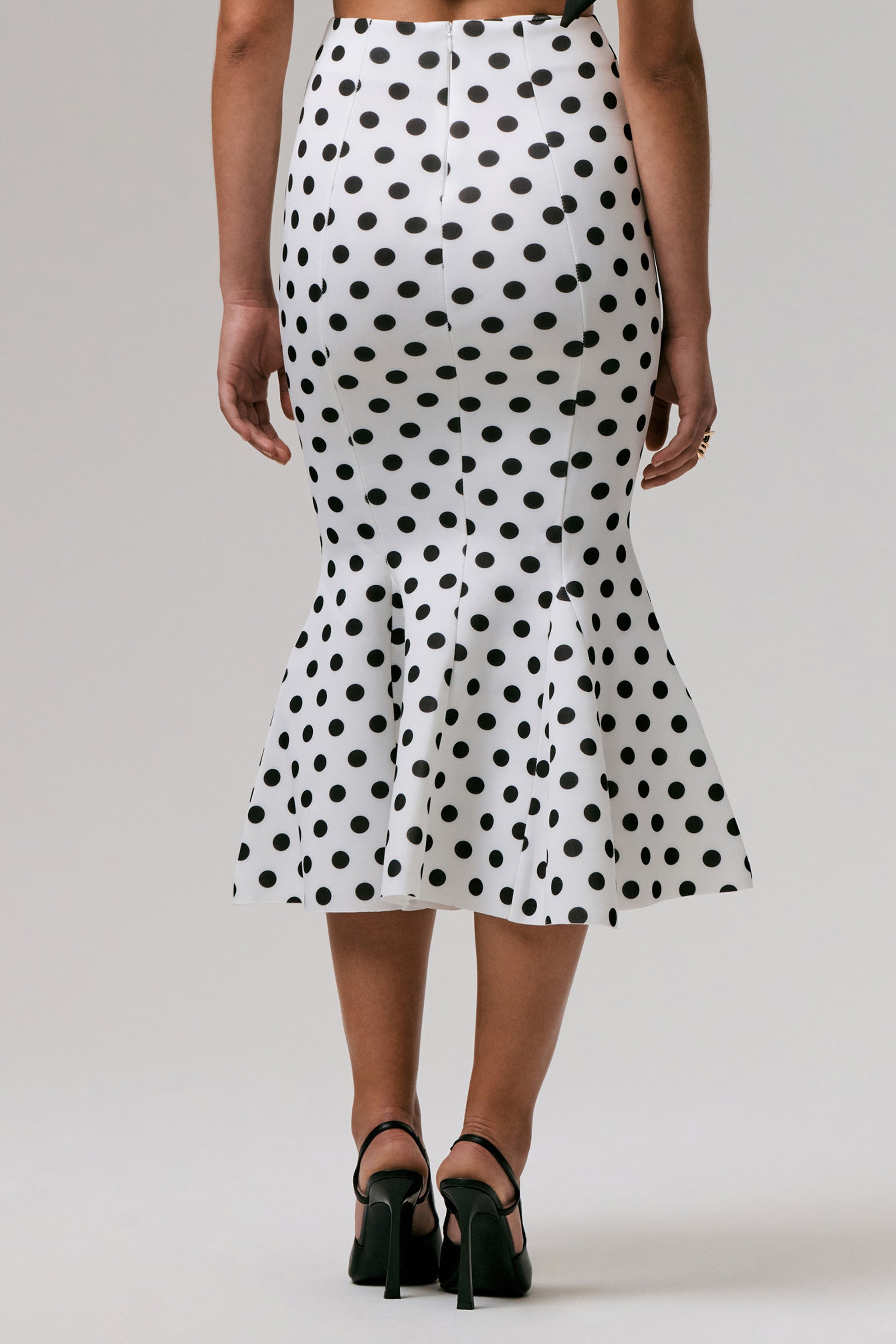 Amadea | Black & White Polka Dot Fishtail Midi Skirt