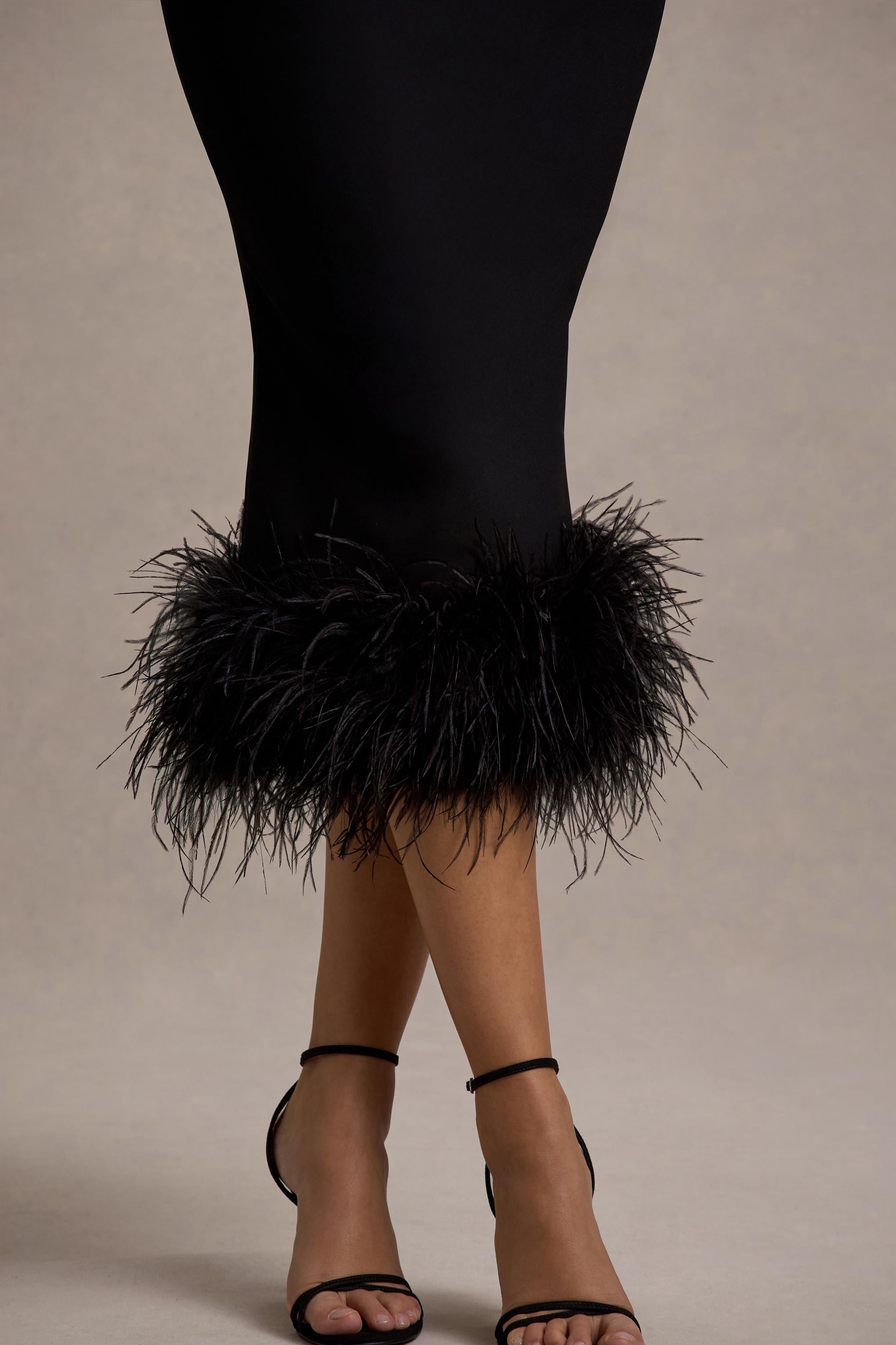 Titania | Black Twist-Neck Feather Hem Midi Dress