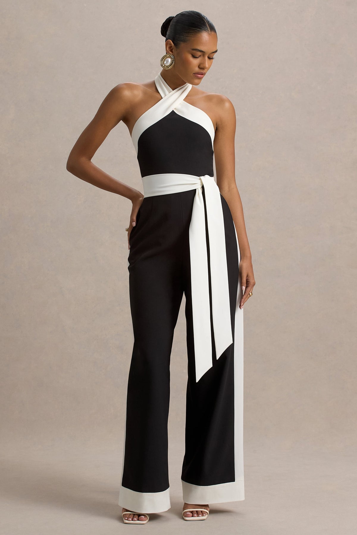 Caterina | Black & White Halter-Neck Wide-Leg Jumpsuit